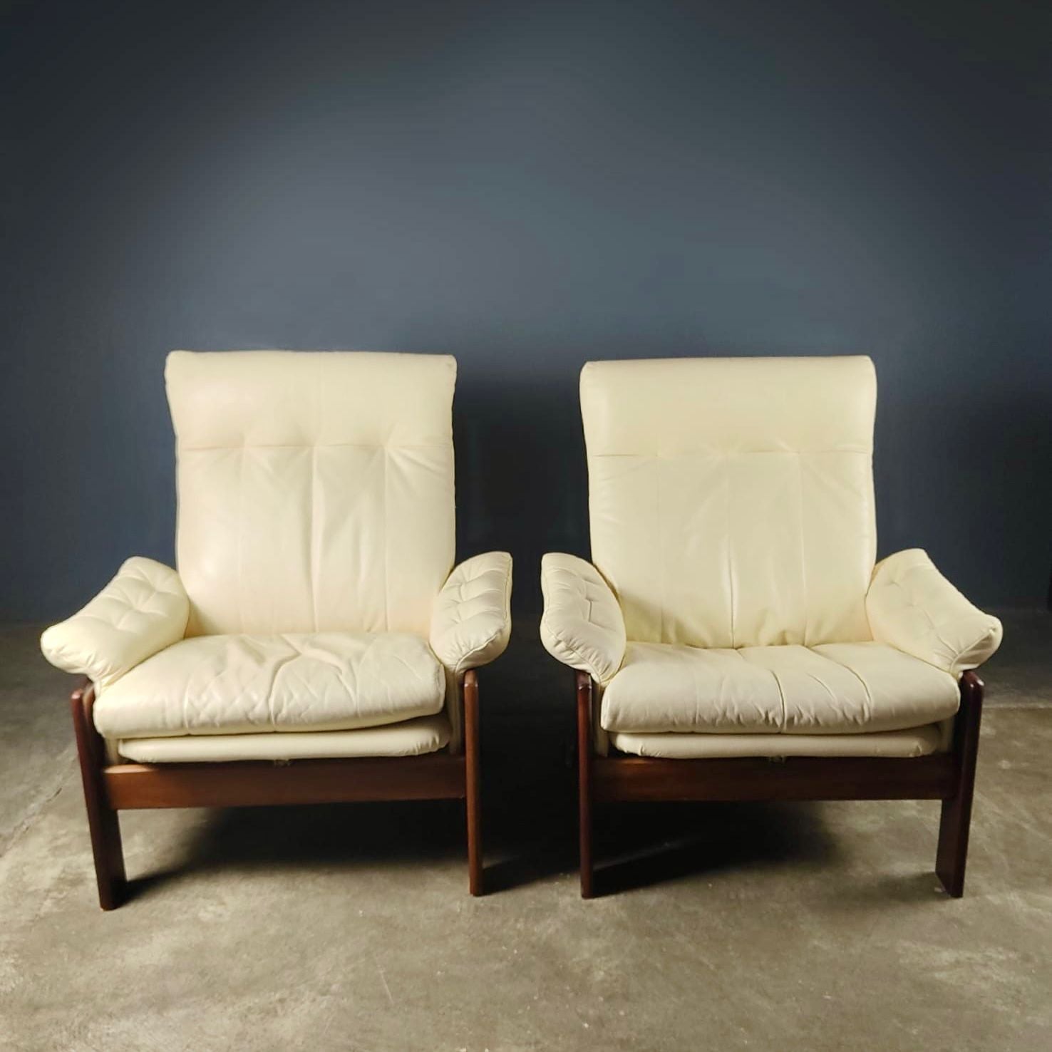 SOLD Pair Of Skippers Møbler Durup Of White Atlanta Leather Reclining Lounge Chairs & Footstool By Sven Ellekar Mid Century Vintage Retro MCM