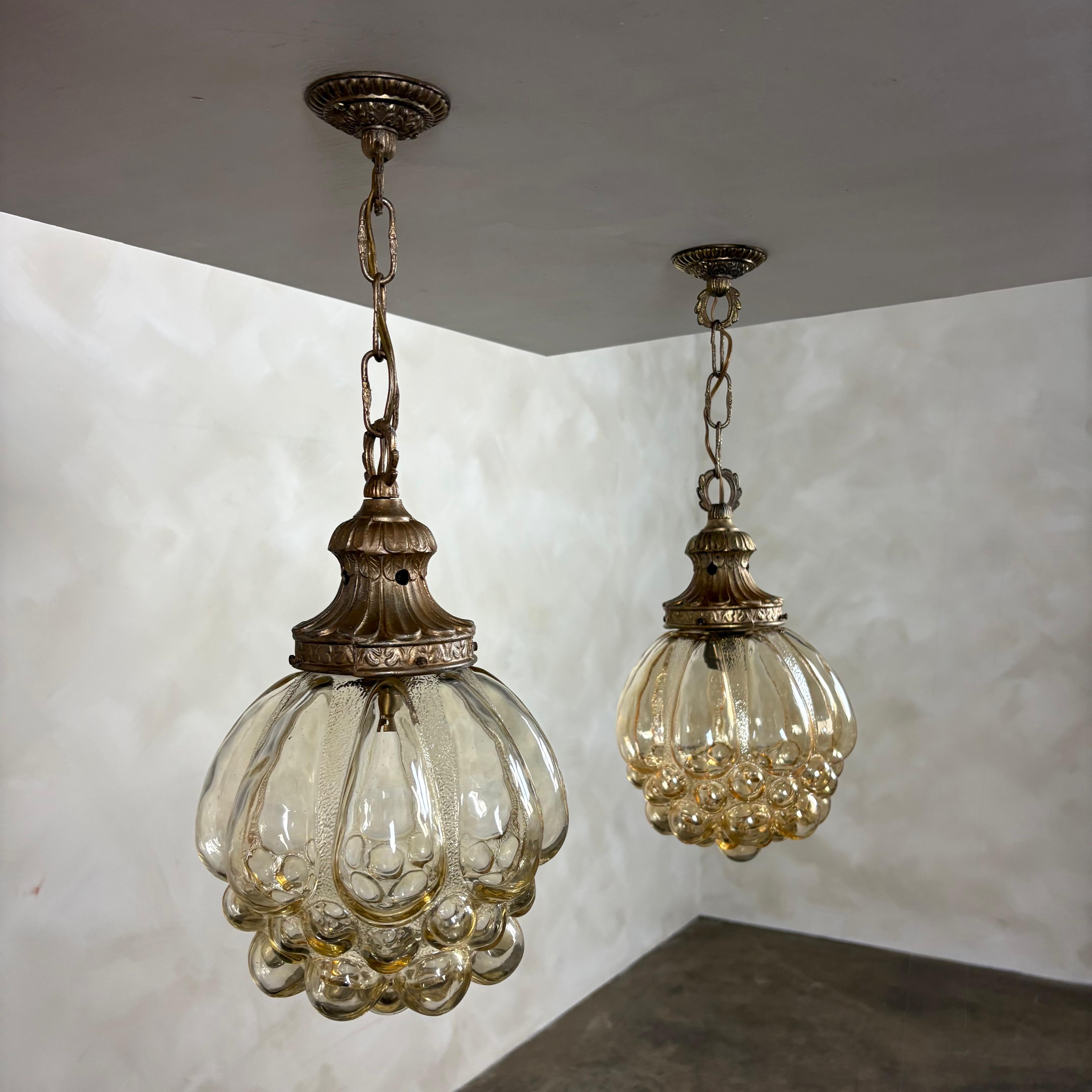 Pair Of Amber Bubble Glass Pendant Lights By Helena Tynell For Glashütte Limburg Mid Century Vintage Retro MCM