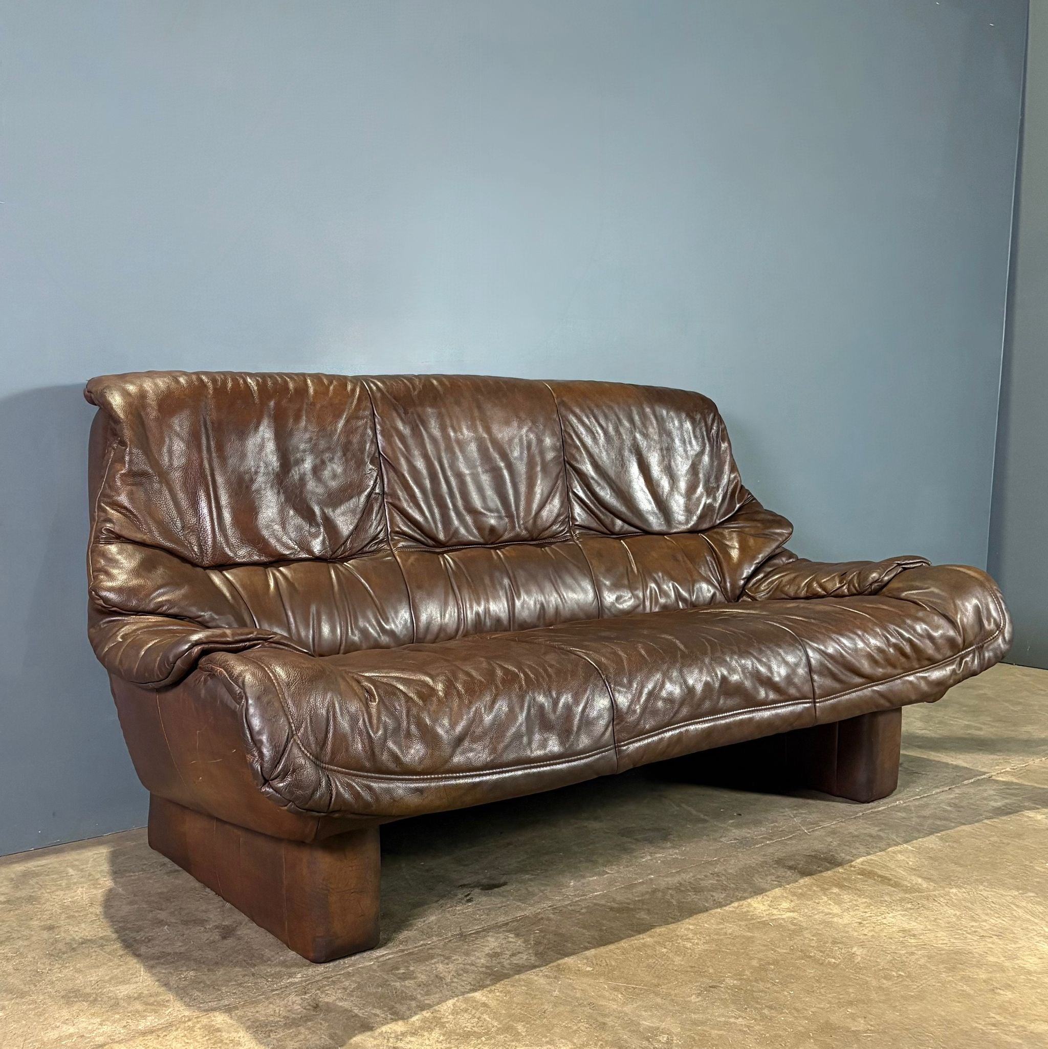 SOLD Brown Leather Brutalist Three Seater Sofa Percival Lafer Style Mid Century Vintage Retro MCM