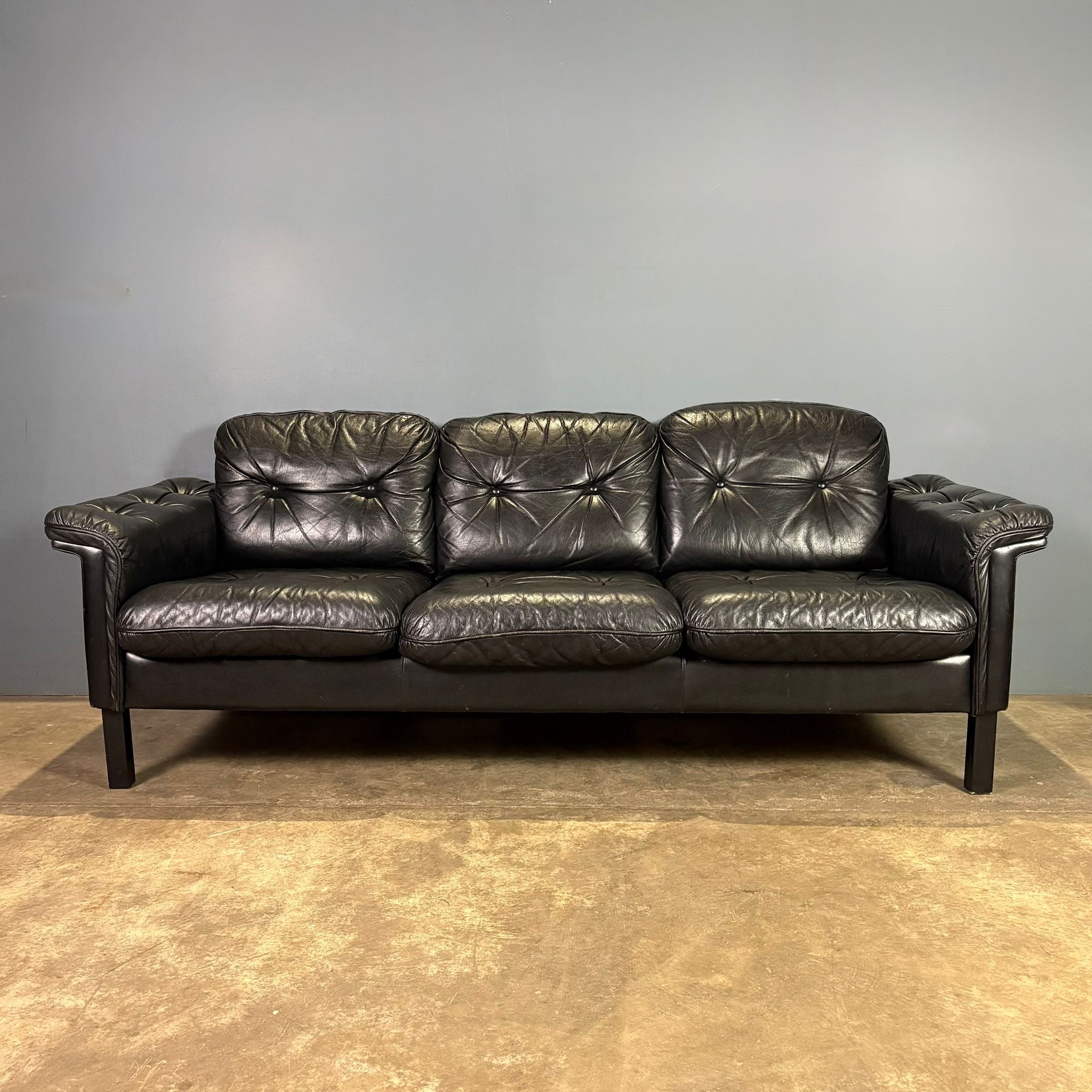 SOLD Black Leather Three Seater Sofa By Esko Pajamies For Asko Mid Century Vintage Retro MCM