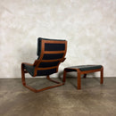 Pair Of Vintage Ikea Poäng Poem Armchairs & Matching Footstools Green Leather Mid Century Retro MCM