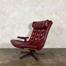 Göte Möbler Red Leather Swivel Armchair Swedish 1970s Mid Century Vintage Retro MCM