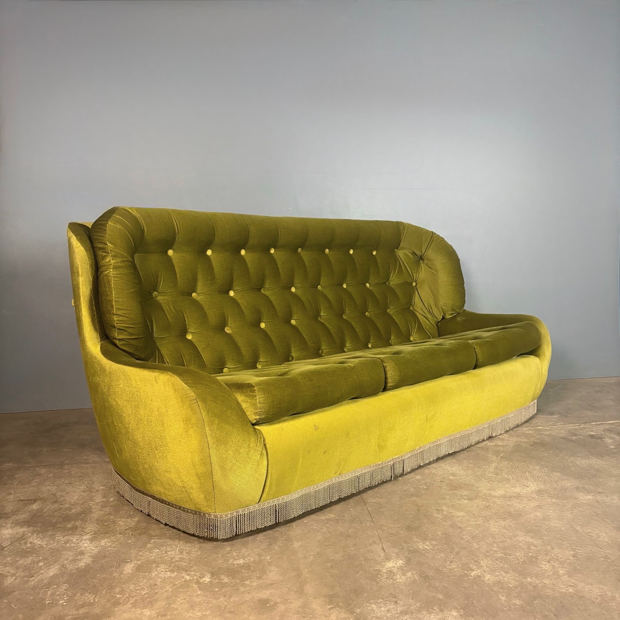 Mid Century Three Seater Sofa Green Velvet Vintage Retro MCM