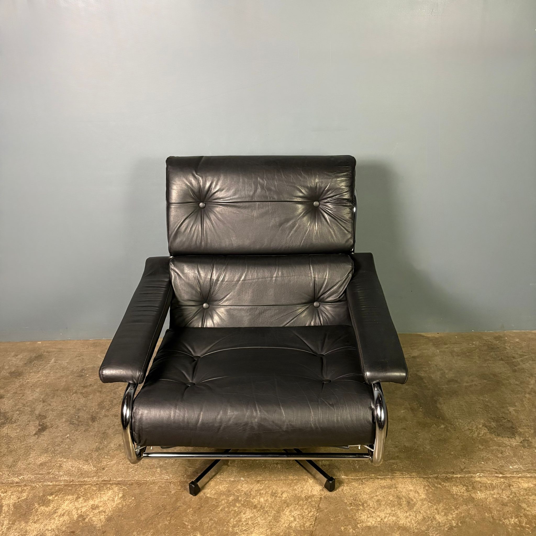SOLD Mid Century Pieff Alpha Black Leather Swivel Lounge Chair Vintage Retro MCM