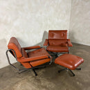 Mid Century Pieff Alpha Tan Brown Leather Three Seater Sofa & Two Swivel Lounge Chairs With Footstool Vintage Retro MCM