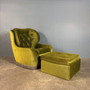 Mid Century Pair Of Armchairs & Footstool Green Velvet Vintage Retro MCM