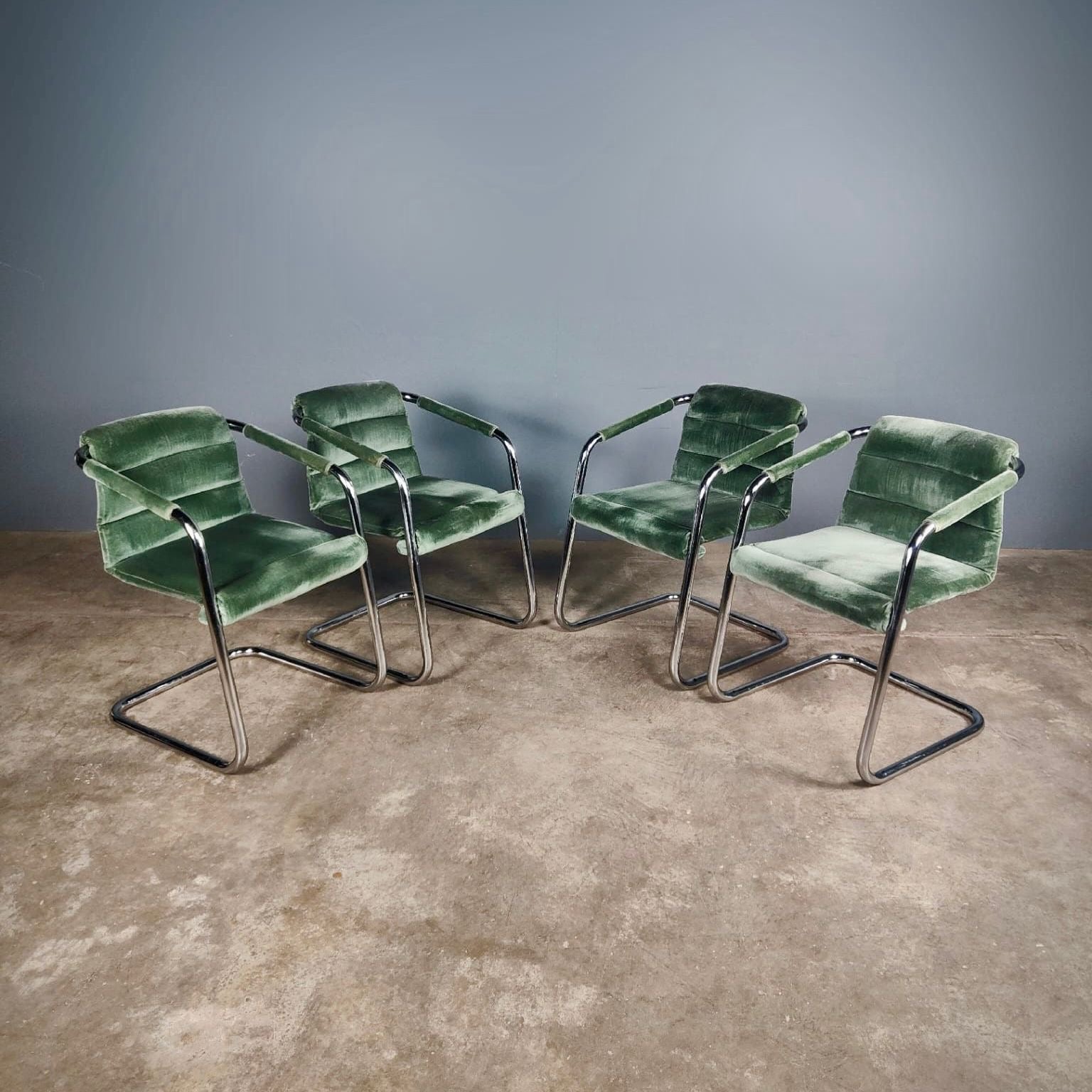 SOLD 4 x Pieff Green Velvet Chrome Cantilever Dining Chairs Mid Century Vintage Retro MCM