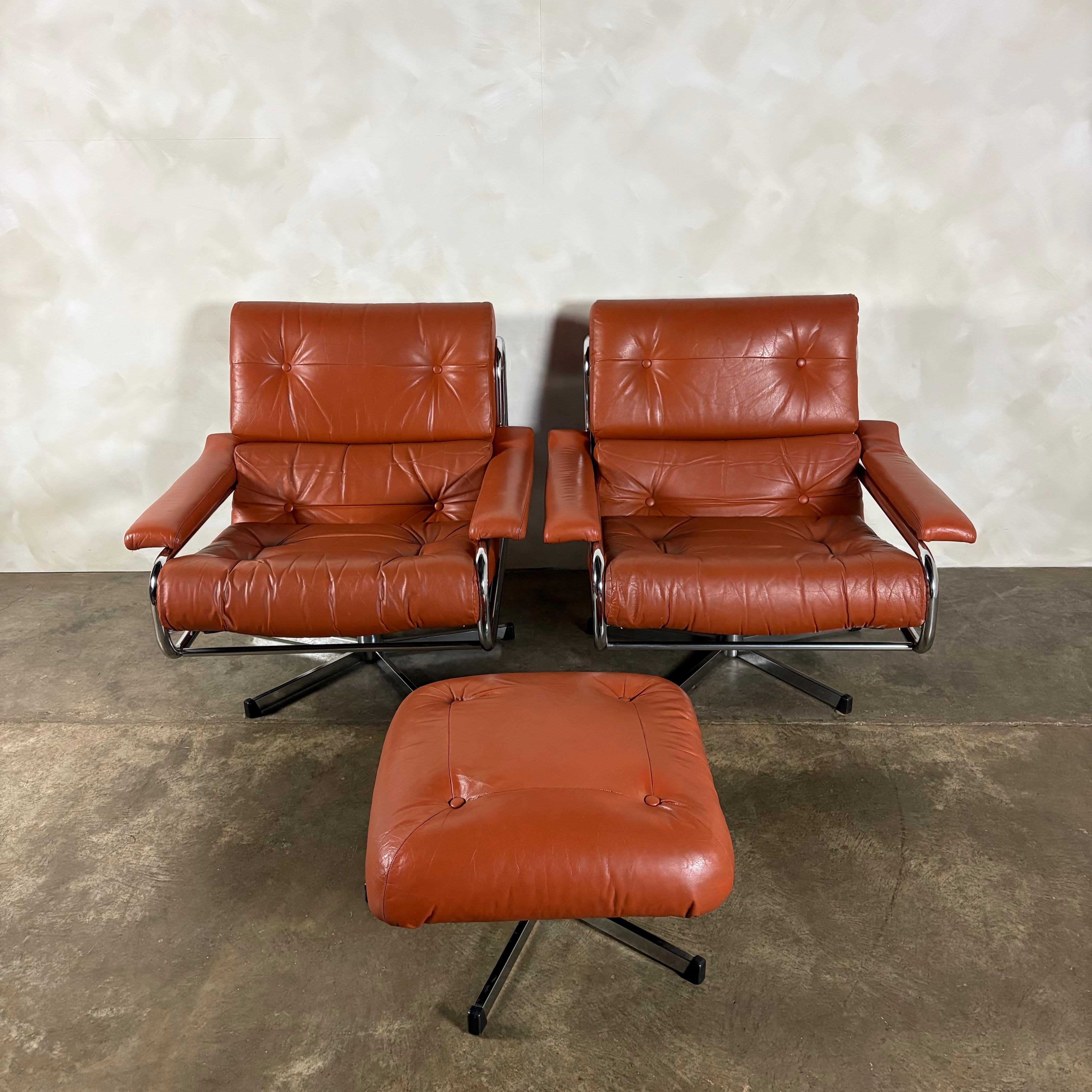 Mid Century Pieff Alpha Tan Brown Leather Three Seater Sofa & Two Swivel Lounge Chairs With Footstool Vintage Retro MCM