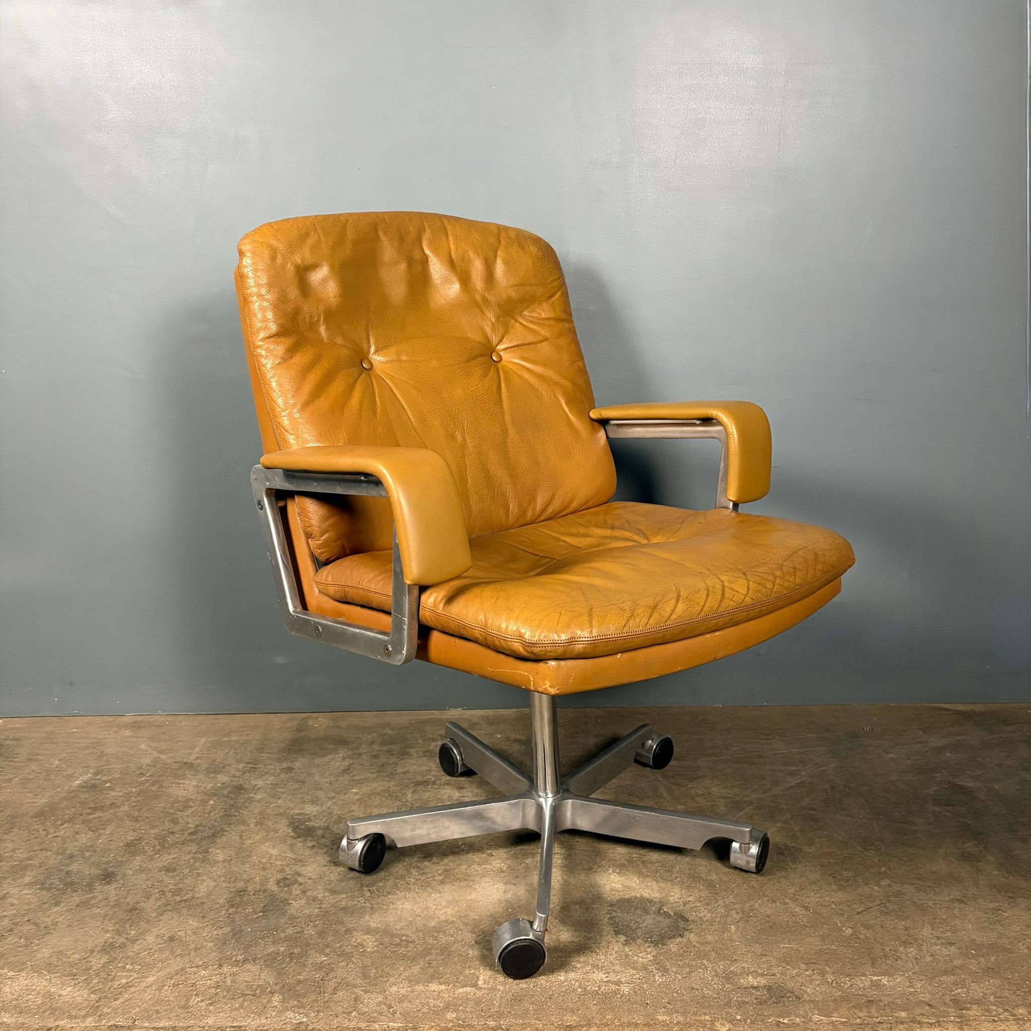 Office Chair André Vandenbeuck For Arflex Style Tan Cognac Leather Mid Century Vintage Retro MCM