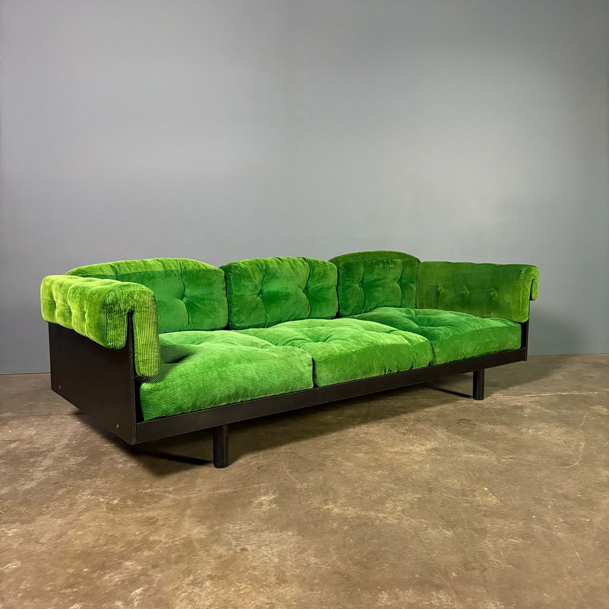 SOLD Mid Century Green Corduroy & Black Three Seater Sofa Vintage Retro MCM