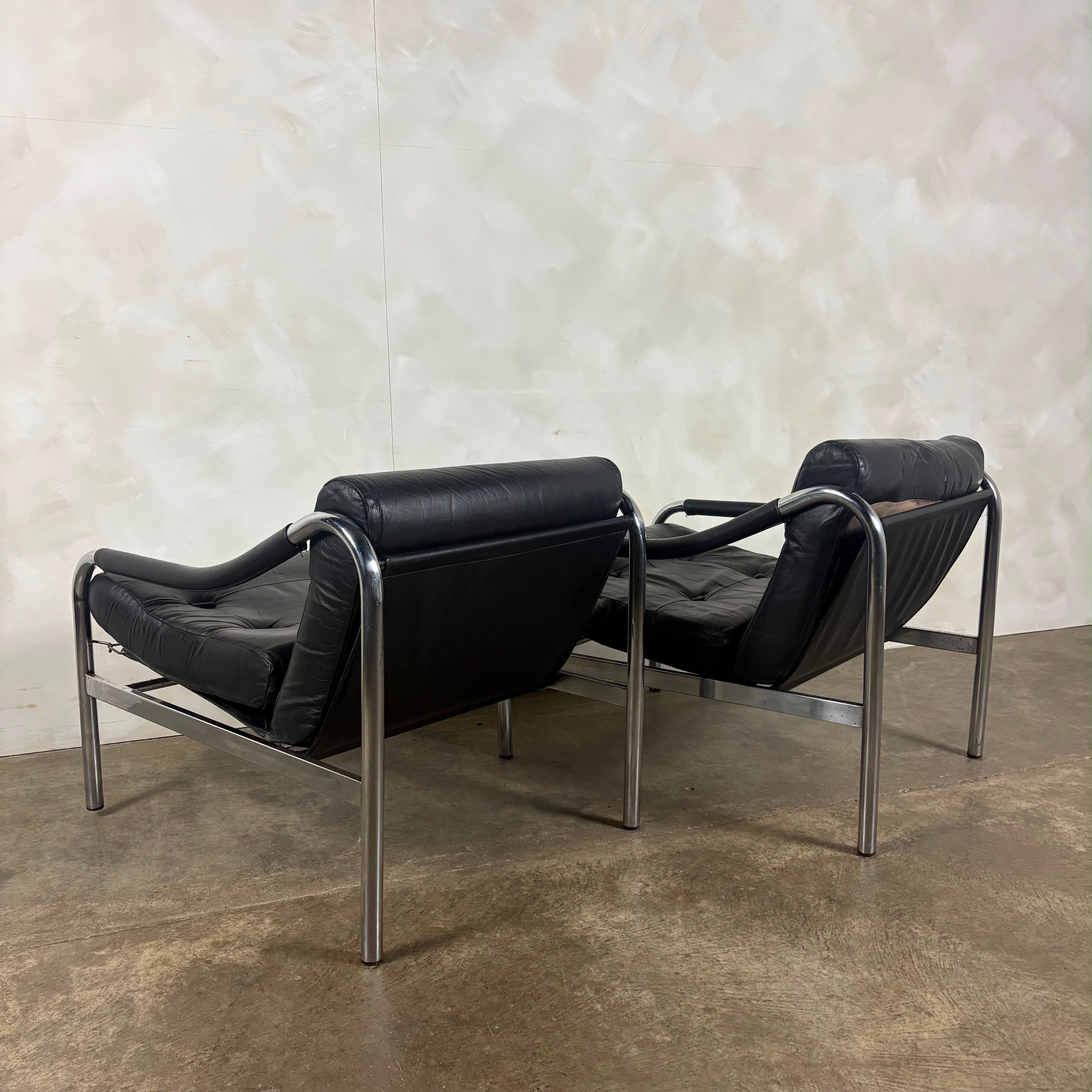 Pair Of Pieff Beta Lounge Chairs In Black Leather Mid Century Vintage Retro MCM