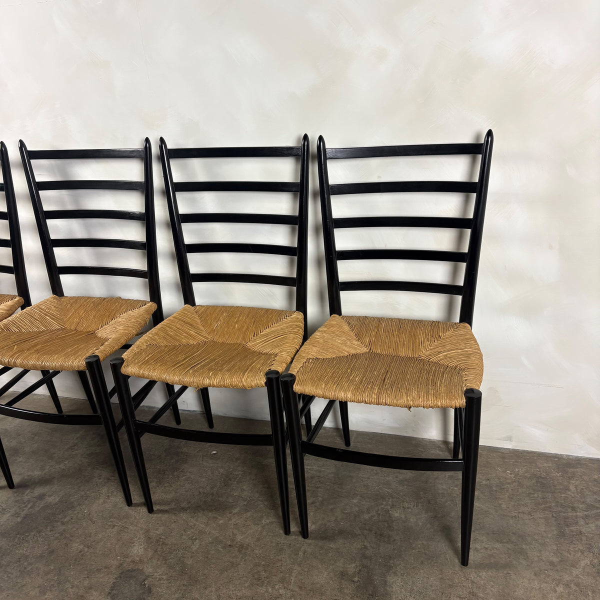 Set Of Four Italian Gio Ponti Style Ebonised Black Ladderback Dining Chairs Mid Century Vintage Retro MCM