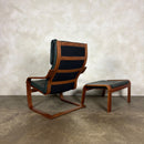 Pair Of Vintage Ikea Poäng Poem Armchairs & Matching Footstools Green Leather Mid Century Retro MCM