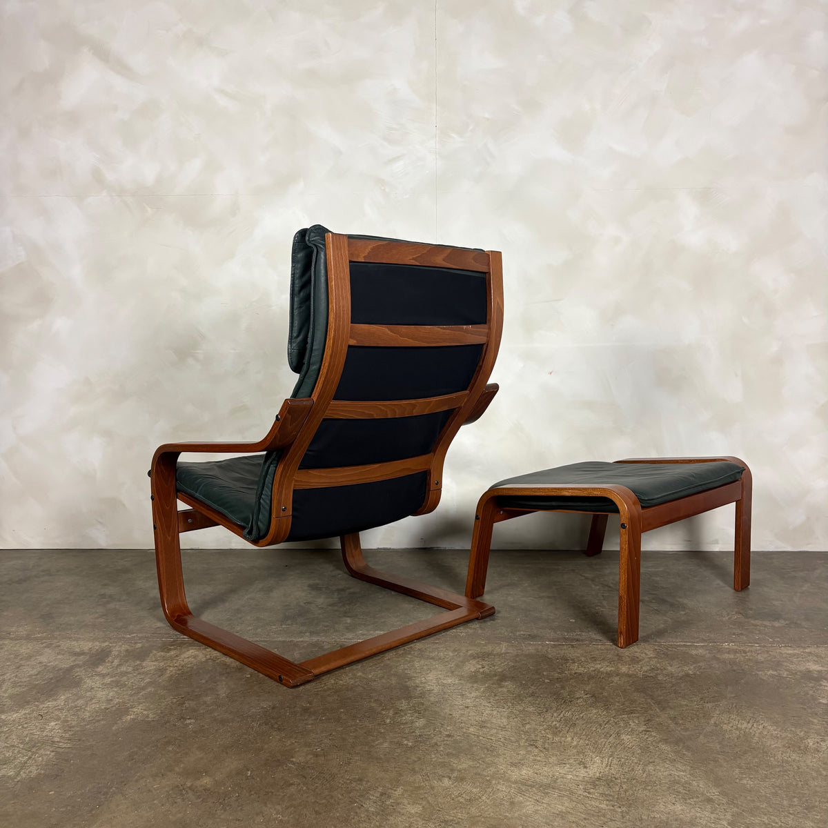 Pair Of Vintage Ikea Poäng Poem Armchairs & Matching Footstools Green Leather Mid Century Retro MCM