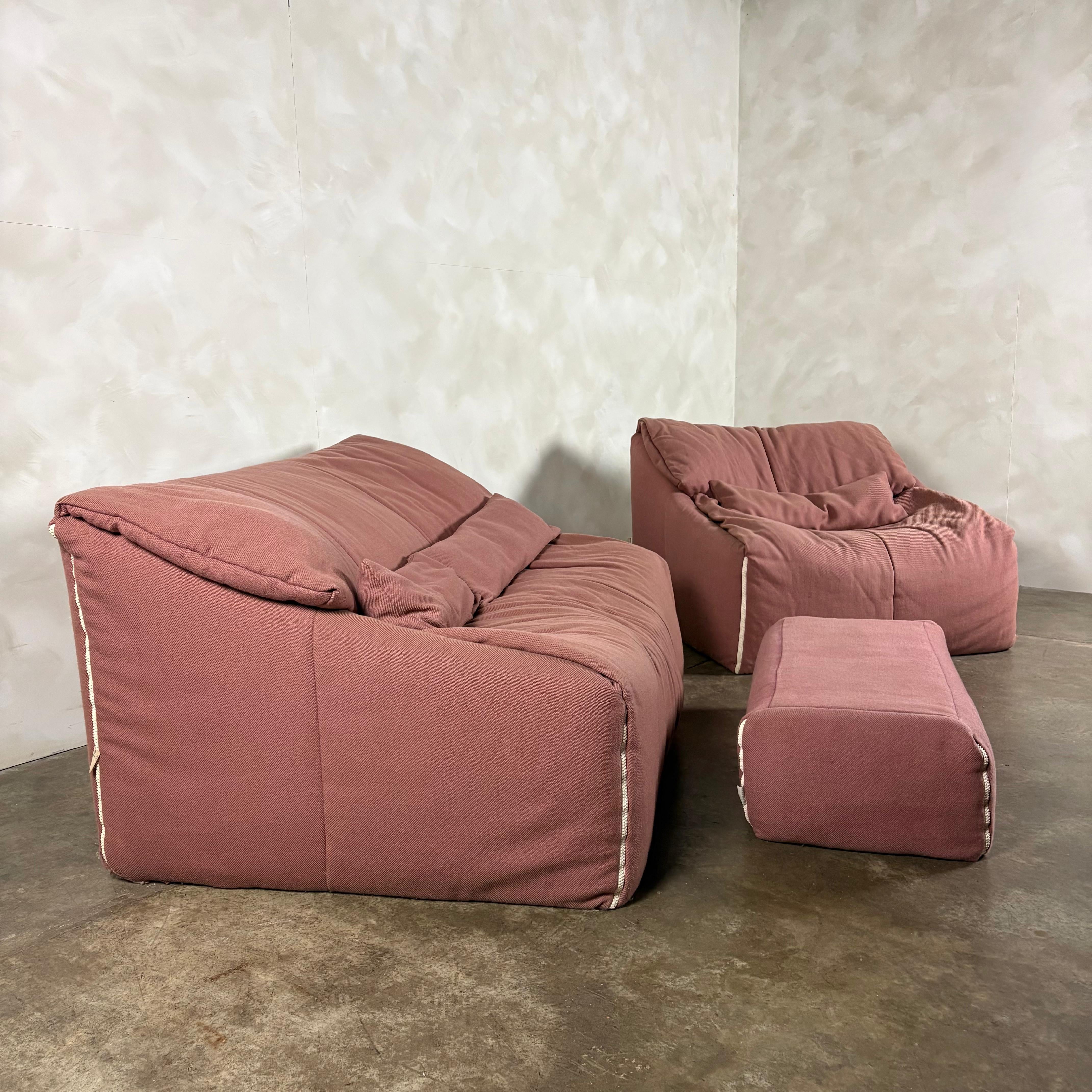 Pink Two Seater Sofa, Armchair & Footstool Annie Hiéronimus Ligne Roset 1980 Post Modern Cinna Mid Century Vintage Retro MCM