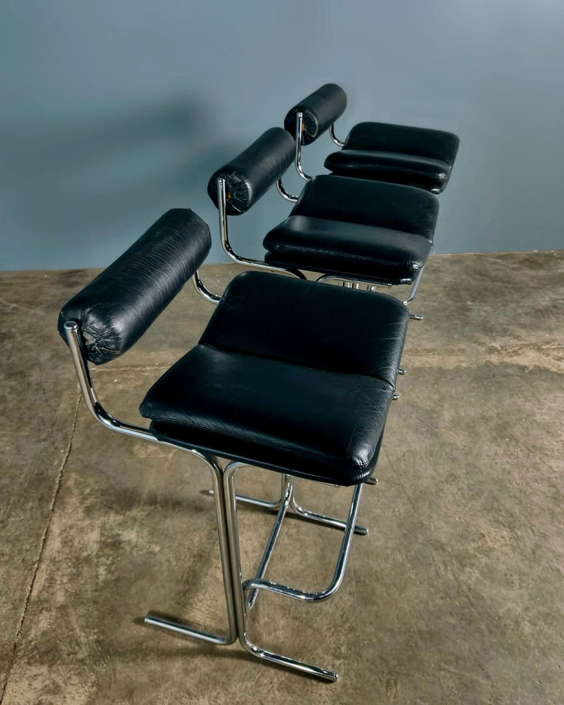 SOLD Mid Century Tim Bates For Pieff Eleganza Bar Stools In Black Leather Vintage Retro MCM