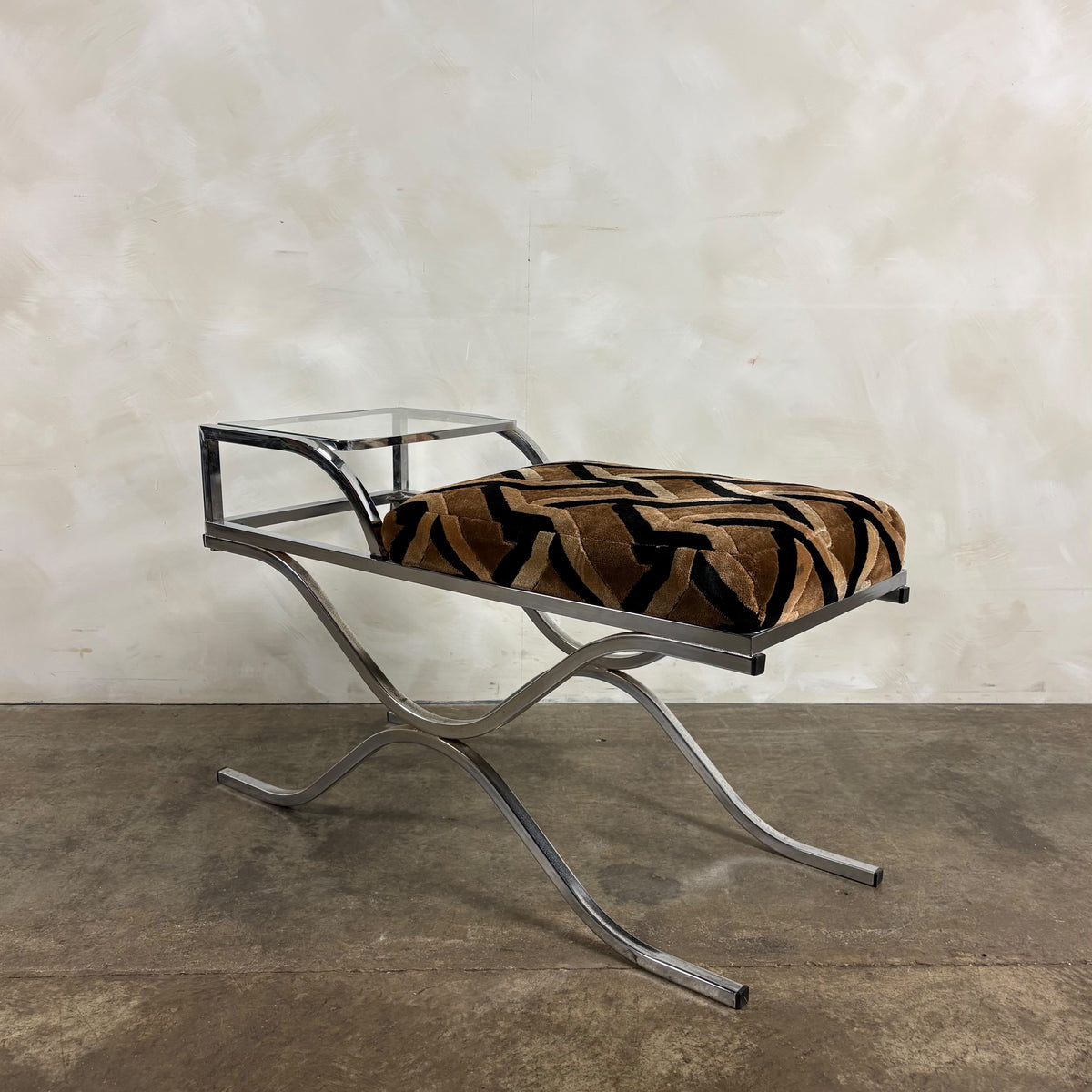 1970s Pieff Chrome & Geometric Fabric Upholstered Side Table/Seat Mid Century Vintage Retro MCM