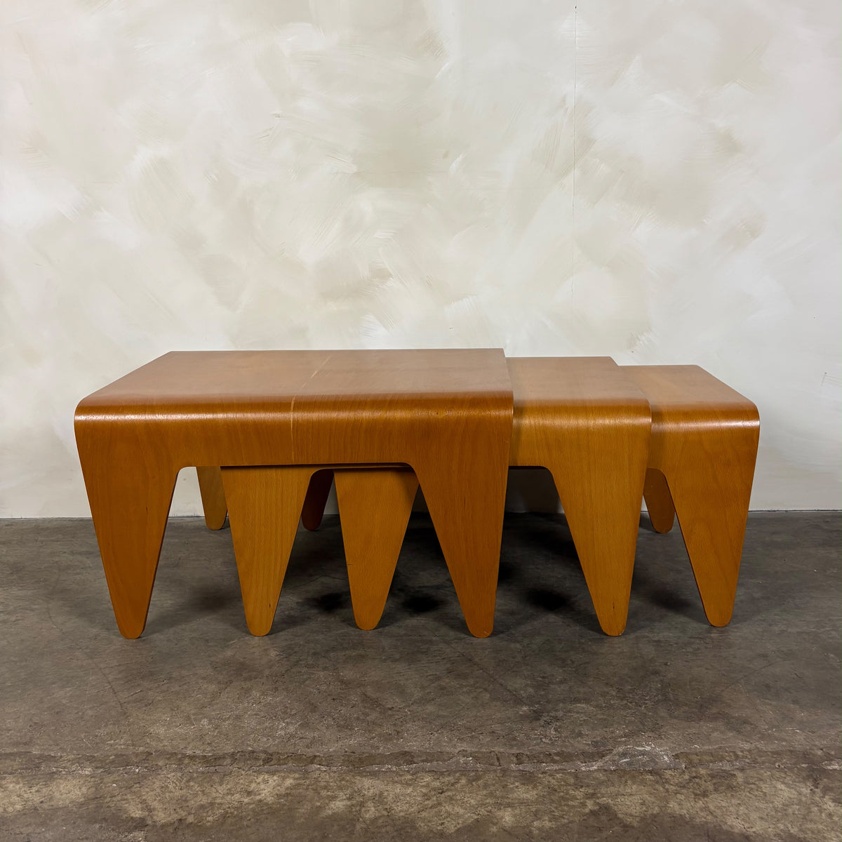 Marcel Breuer For Isokon Set Of Three Bent Beech Plywood Nesting Tables 1960s Mid Century Vintage Retro MCM