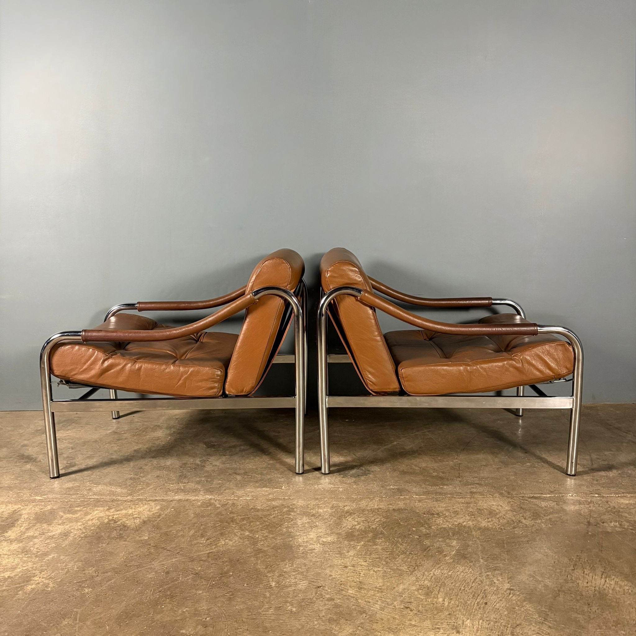Mid Century Pair Of Pieff Beta Tan Brown Leather Lounge Chairs Vintage Retro MCM