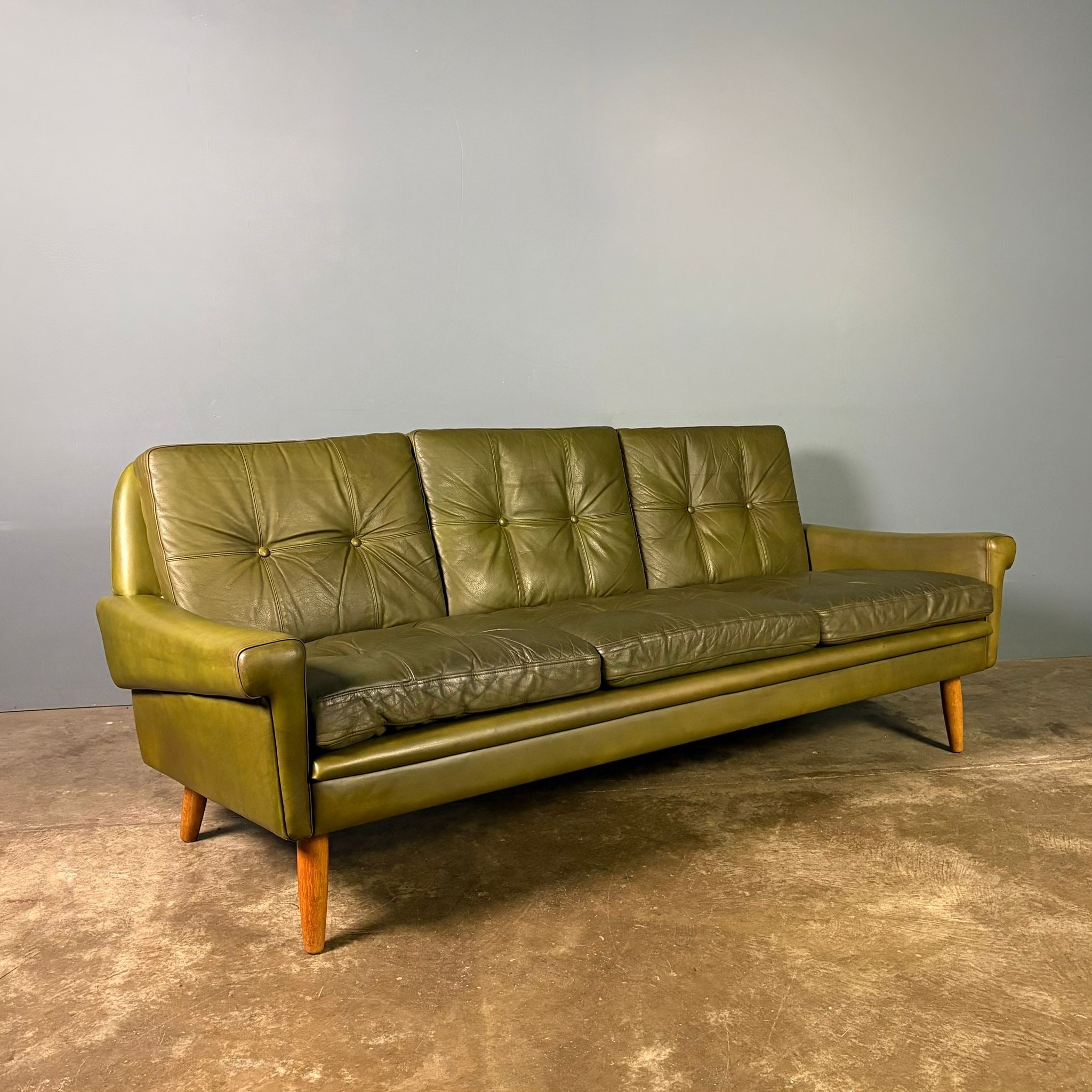 SOLD Mid Century Danish Svend Skipper Three Seater Sofa Green Leather Vintage Retro MCM