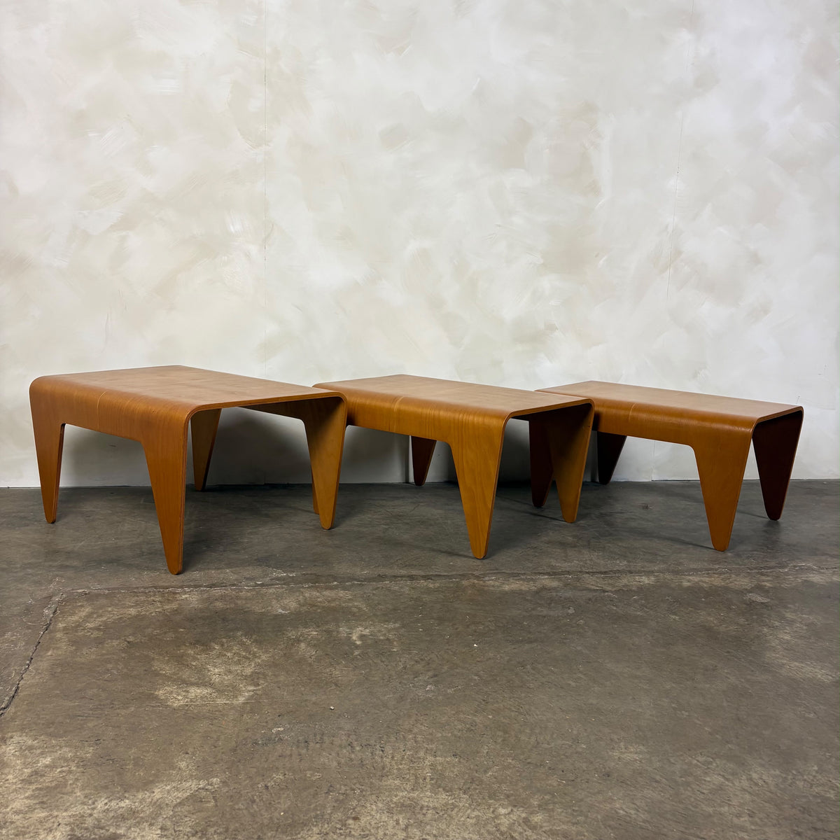 Marcel Breuer For Isokon Set Of Three Bent Beech Plywood Nesting Tables 1960s Mid Century Vintage Retro MCM