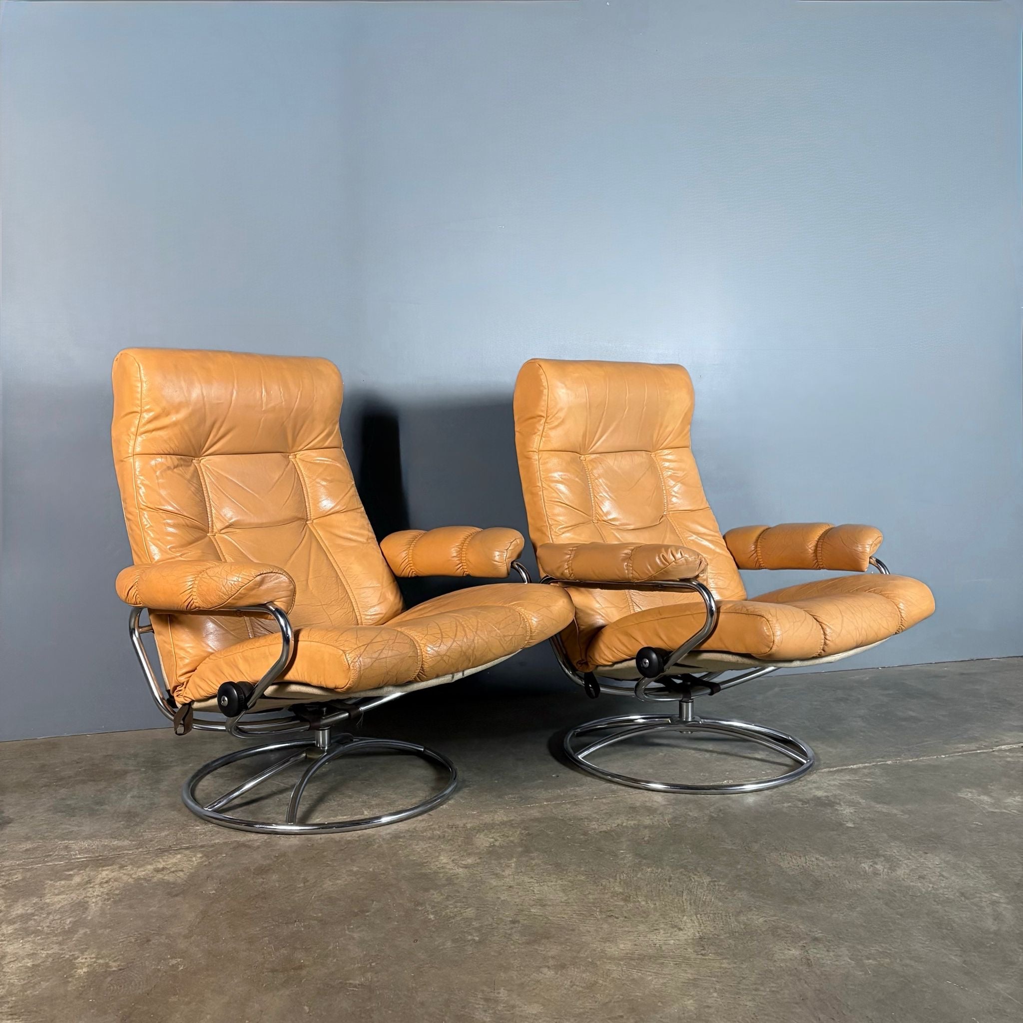 SOLD Pair Of Mid Century Leather & Chrome Ekornes Stressless Reclining Armchairs & Footstools Vintage Retro MCM