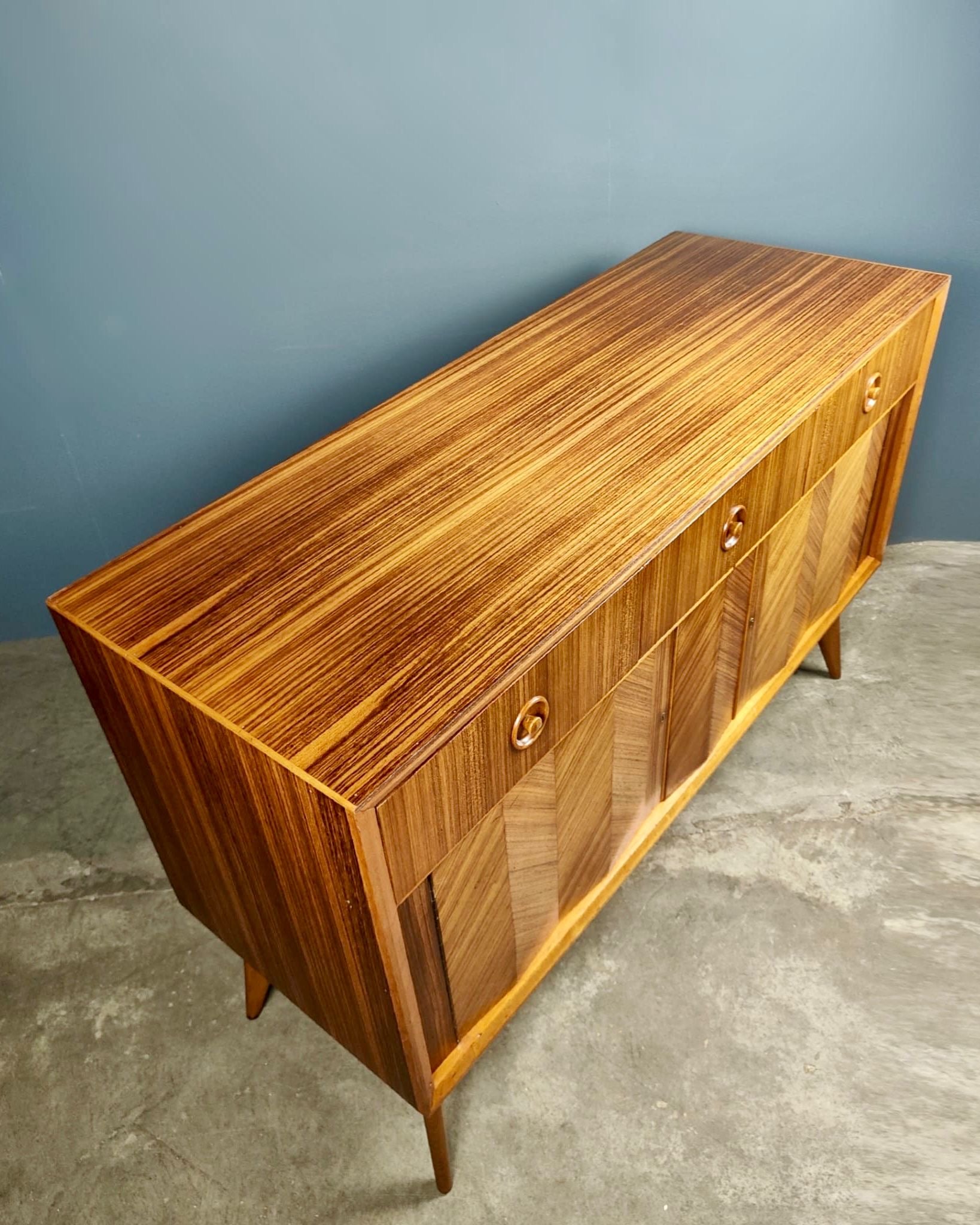 SOLD Mid Century Walnut Her Century Herringbone Pattern Geometric Sideboard Vintage Retro MCM