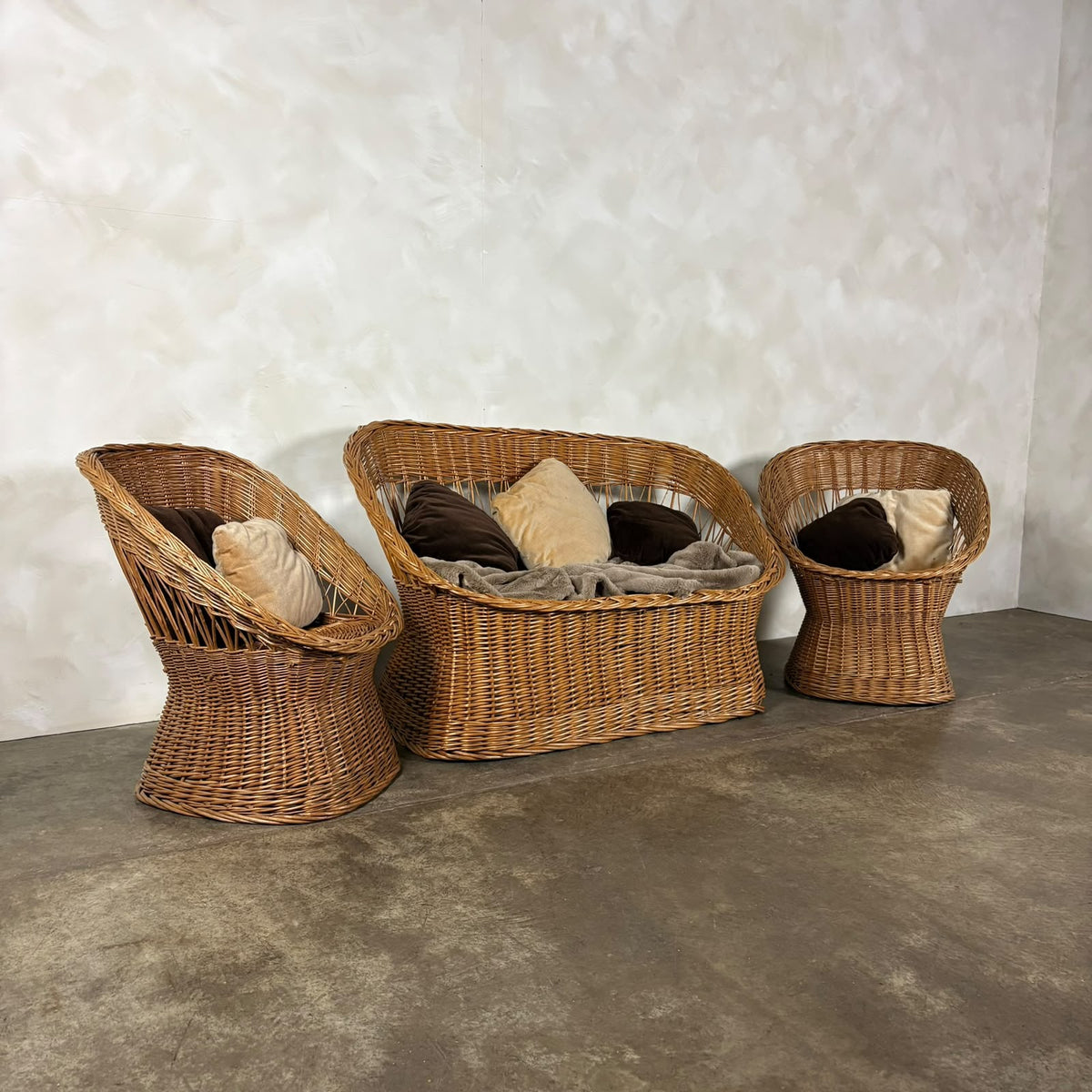 1970s Rattan Sofa & Pair Of Lounge Chairs Mid Century Vintage Retro MCM