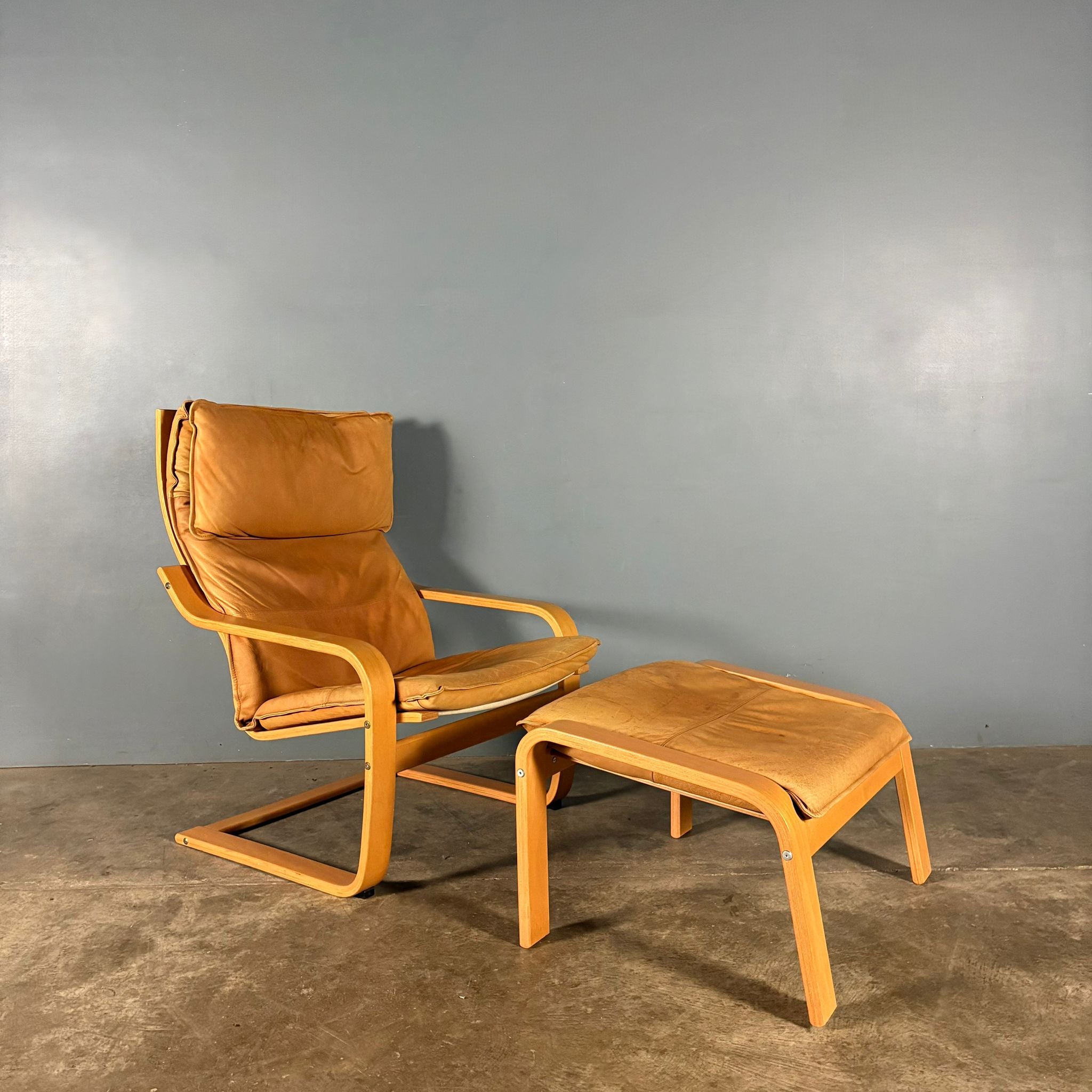 SOLD Pair Of Vintage Ikea Poäng Poem Armchairs & Matching Footstool Tan Brown Leather Mid Century Retro MCM