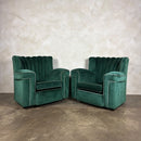 Vintage Art Deco Three Seater Sofa & Pair Of Armchairs In Emerald Turquoise Green Velvet