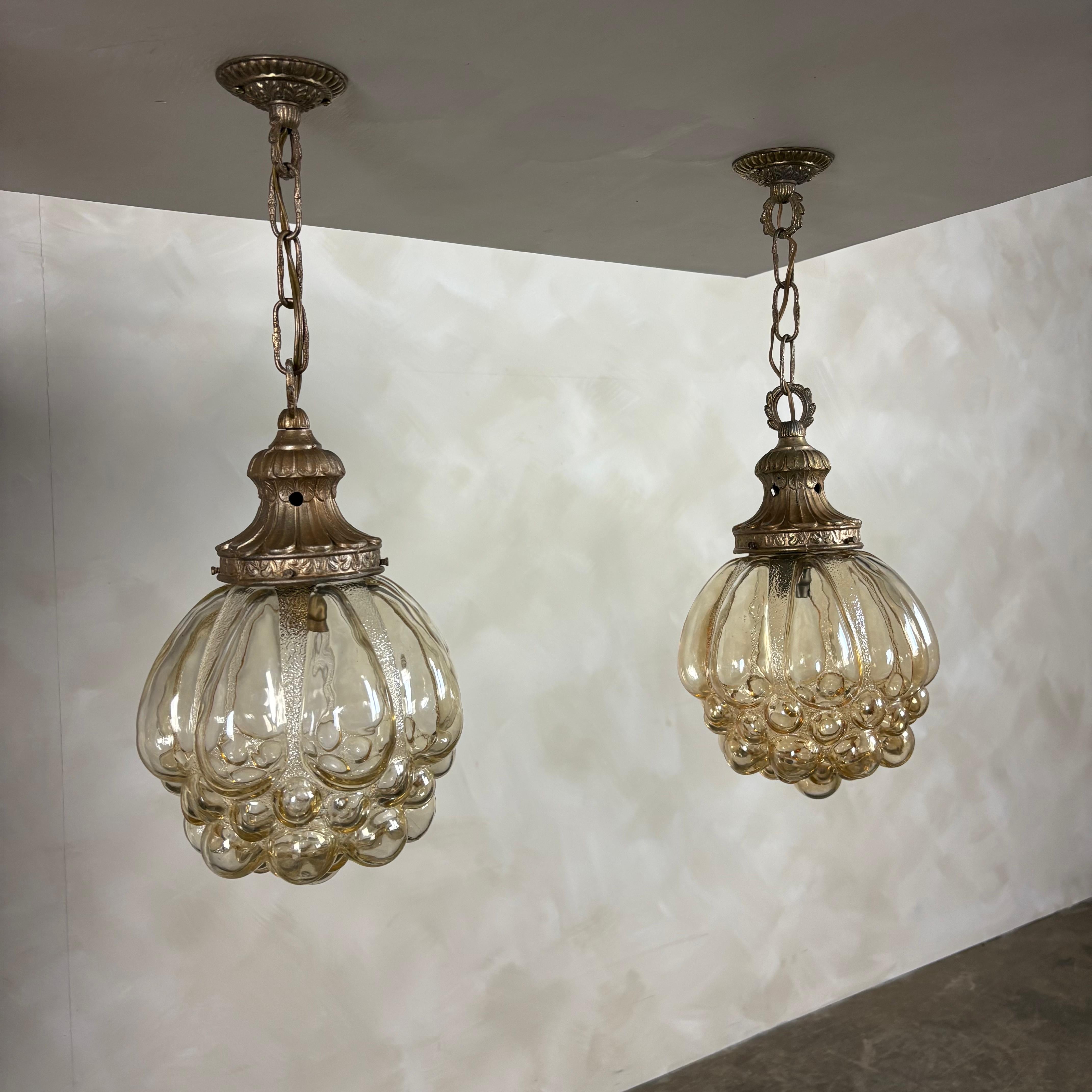 Pair Of Amber Bubble Glass Pendant Lights By Helena Tynell For Glashütte Limburg Mid Century Vintage Retro MCM