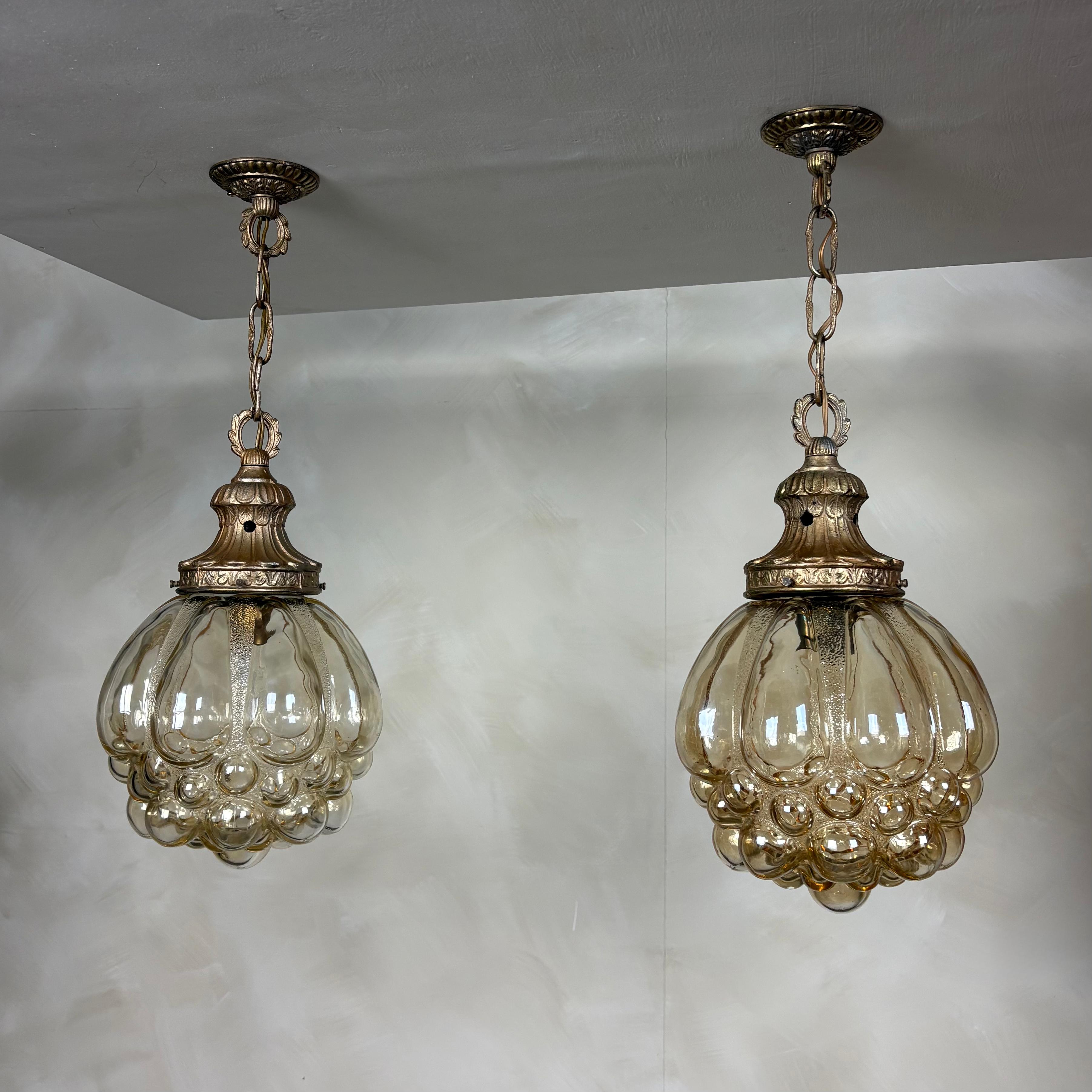 Pair Of Amber Bubble Glass Pendant Lights By Helena Tynell For Glashütte Limburg Mid Century Vintage Retro MCM
