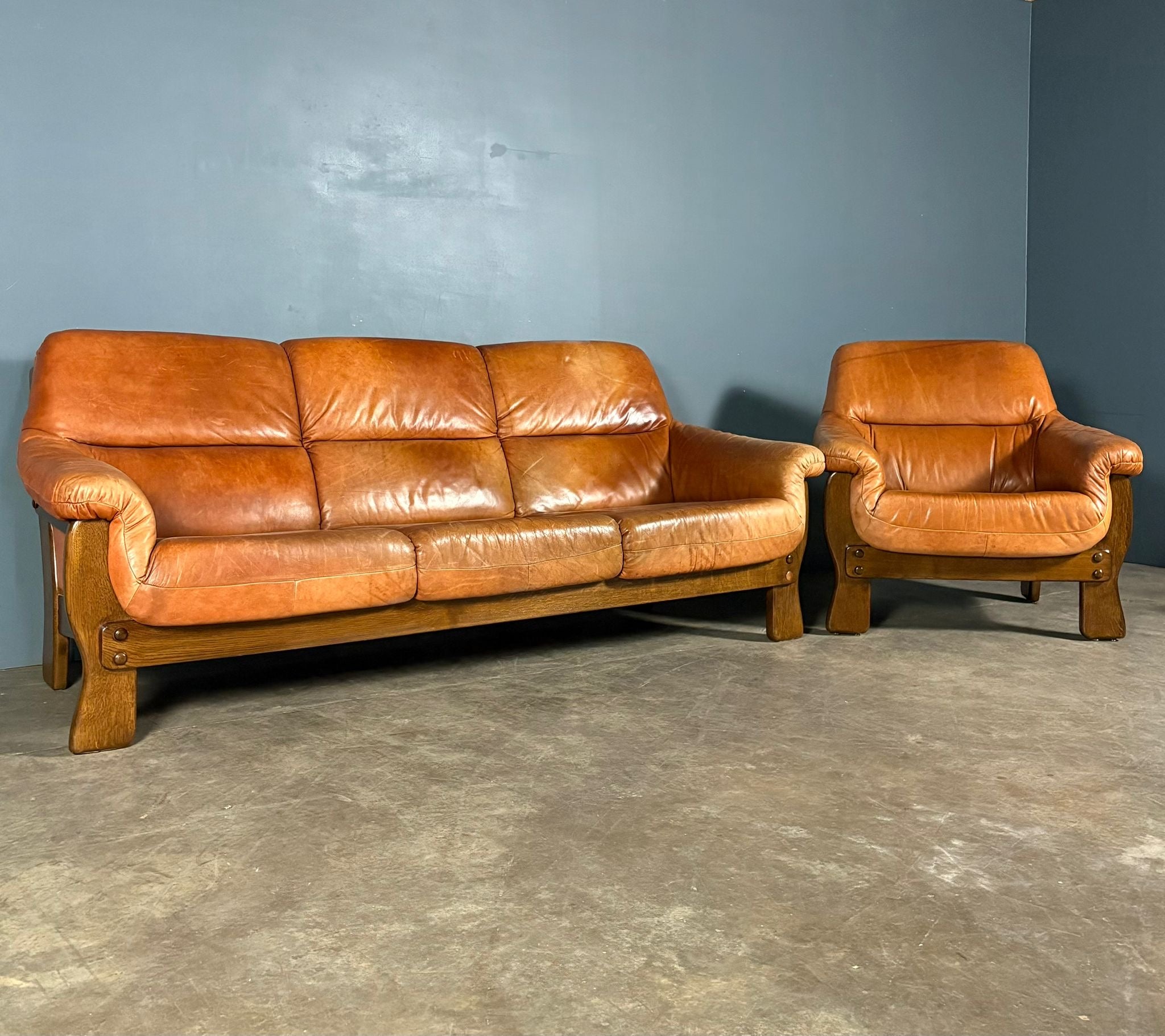 Brutalist Leather Three Seater Sofa & Matching Armchair Percival Lafer Style Mid Century Vintage Retro MCM