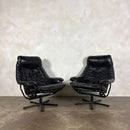 Black Leather Skoghaug Reclining Swivel Lounge Chair With Matching Footstool/Ottoman Mid Century Vintage Retro MCM