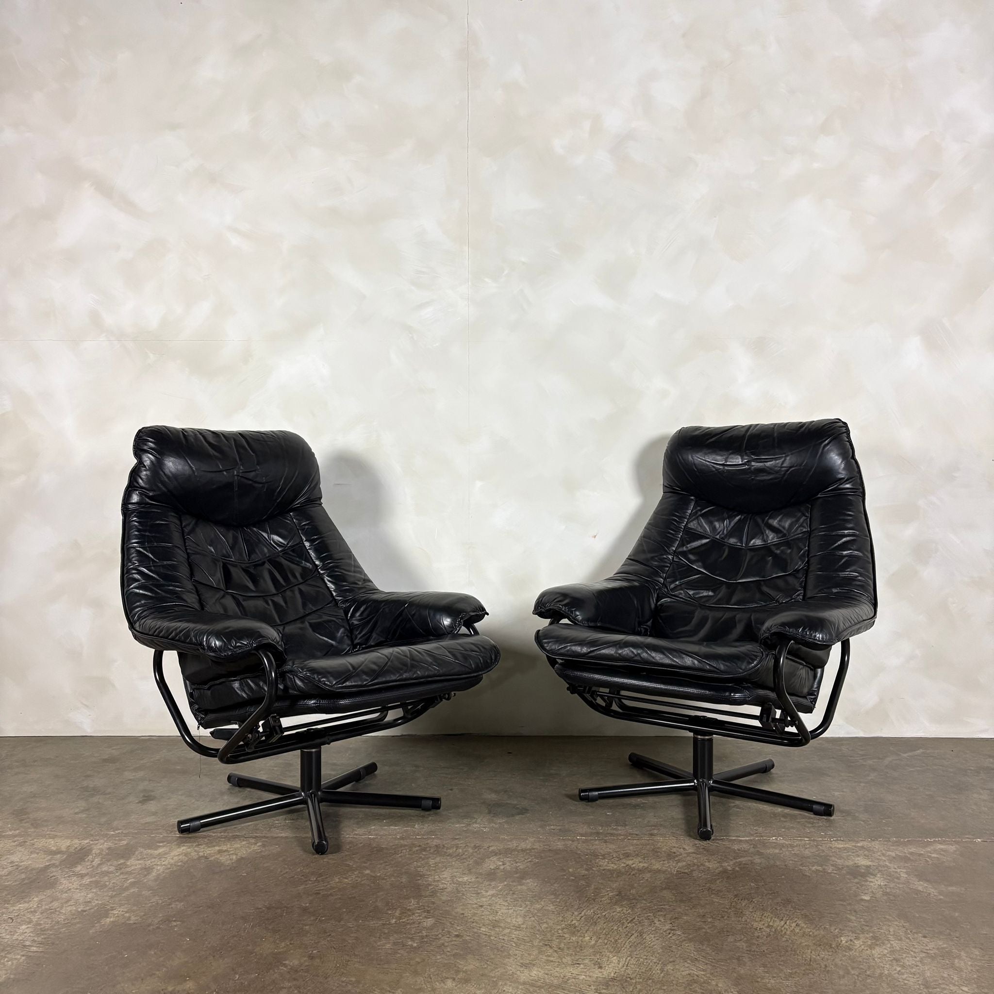 Black Leather Skoghaug Reclining Swivel Lounge Chair With Matching Footstool/Ottoman Mid Century Vintage Retro MCM