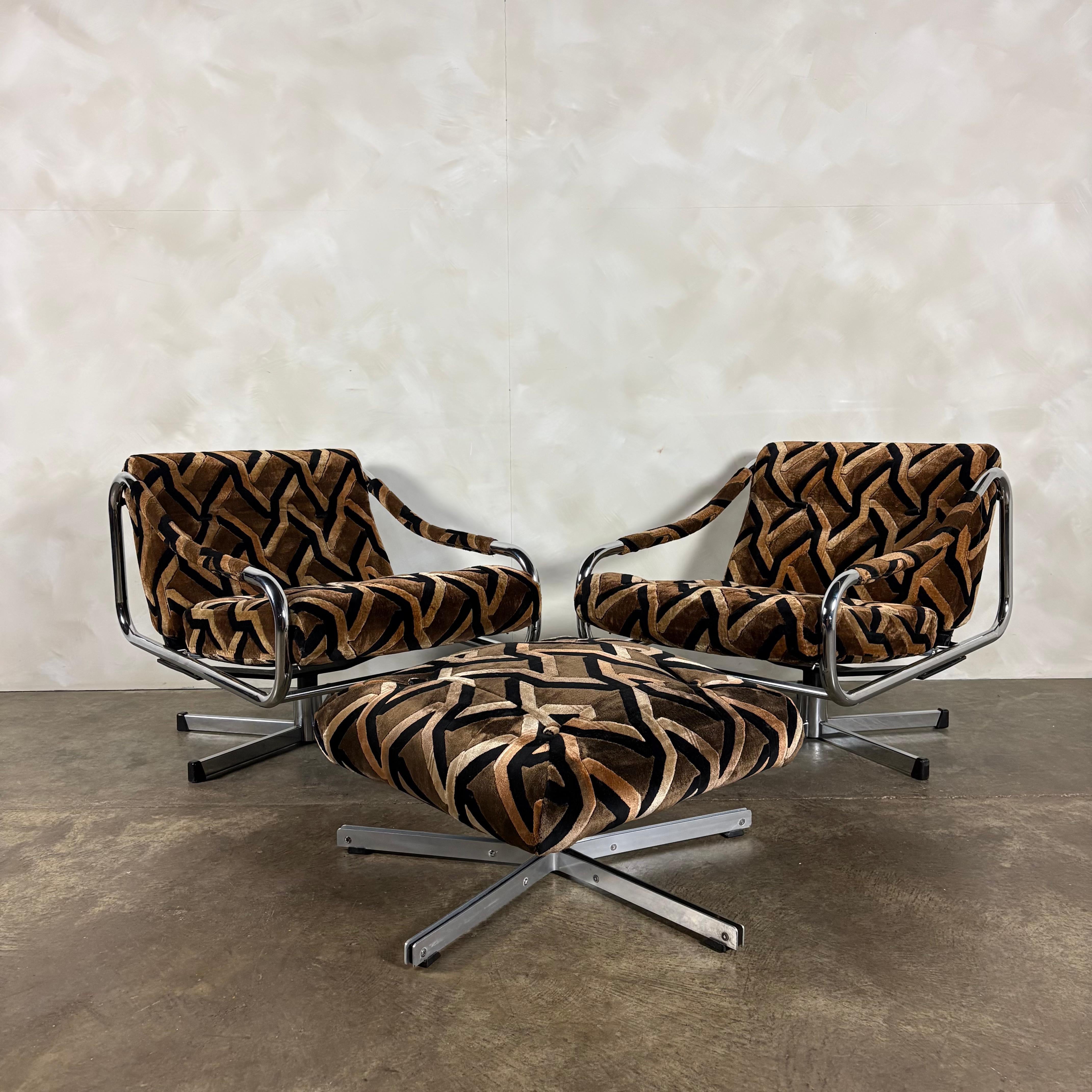 Pair Of Pieff Beta Swivel Lounge Chairs Geometric Fabric Footstool Mid Century Vintage Retro MCM
