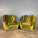 Mid Century Pair Of Armchairs & Footstool Green Velvet Vintage Retro MCM