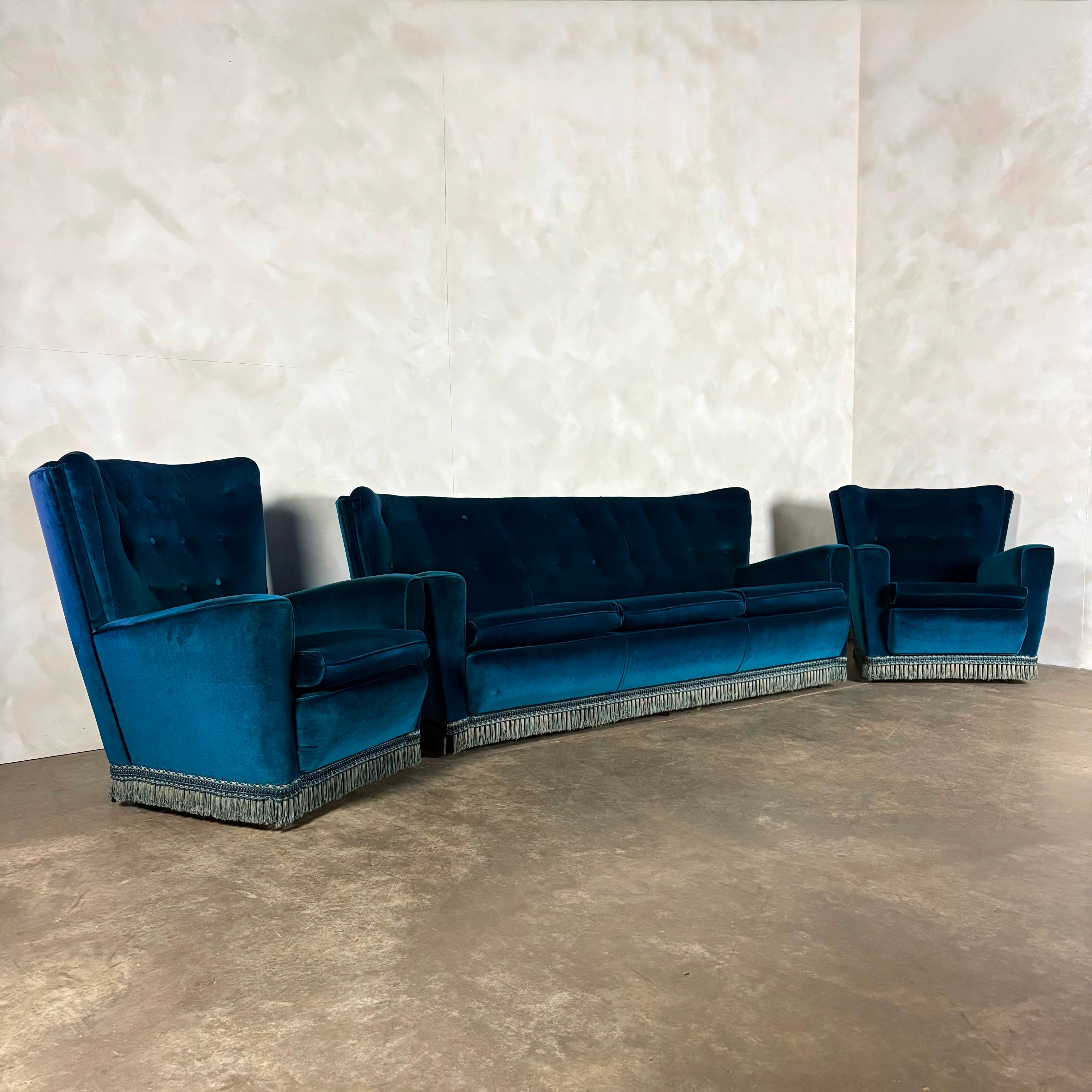 Mid Century Blue Three Seater Sofa Vintage Retro MCM