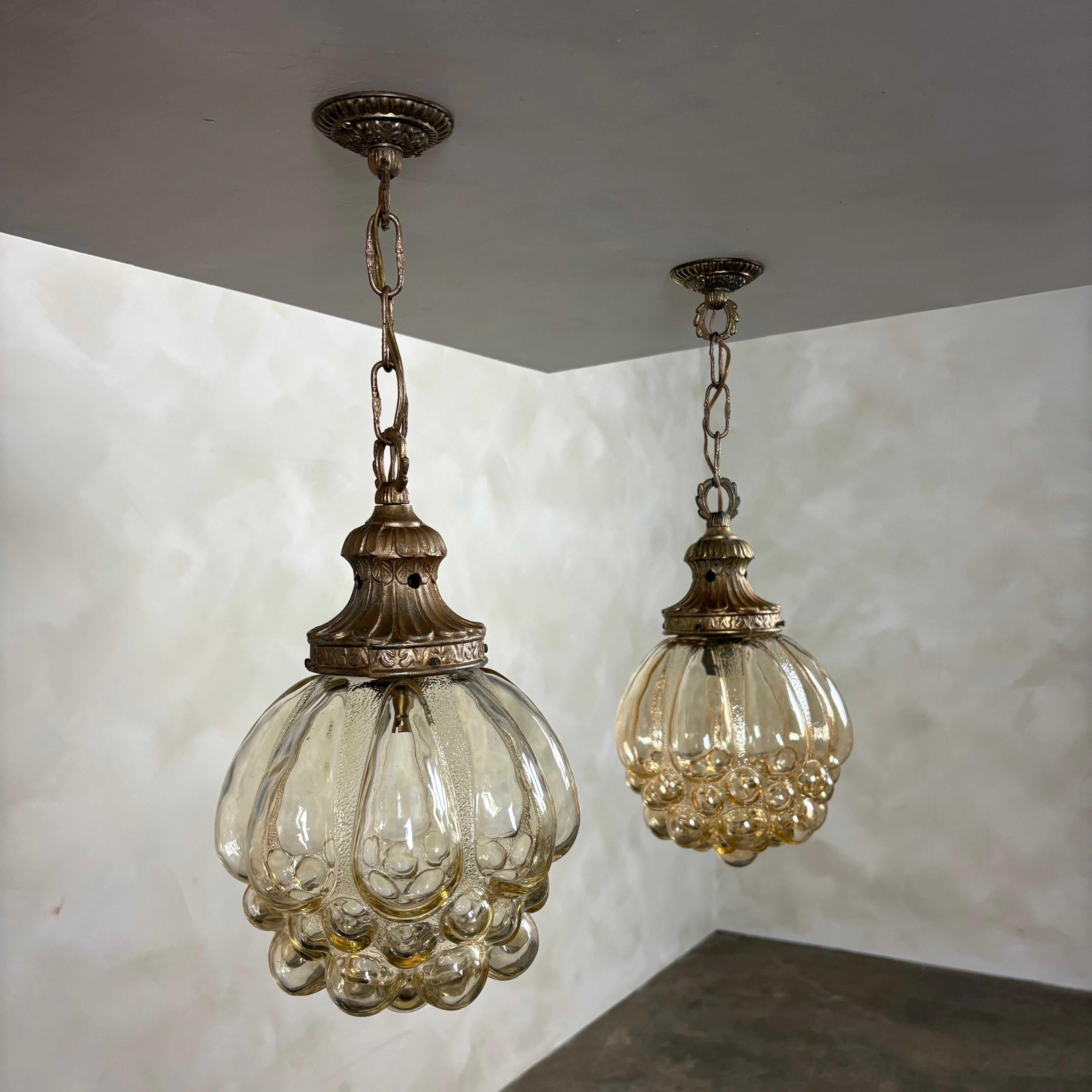 Pair Of Amber Bubble Glass Pendant Lights By Helena Tynell For Glashütte Limburg Mid Century Vintage Retro MCM