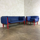 Ligne Roset Ruché Three Seater Sofa & Armchair By Inga Sempé In Blue Leather & Red Frame Vintage Retro