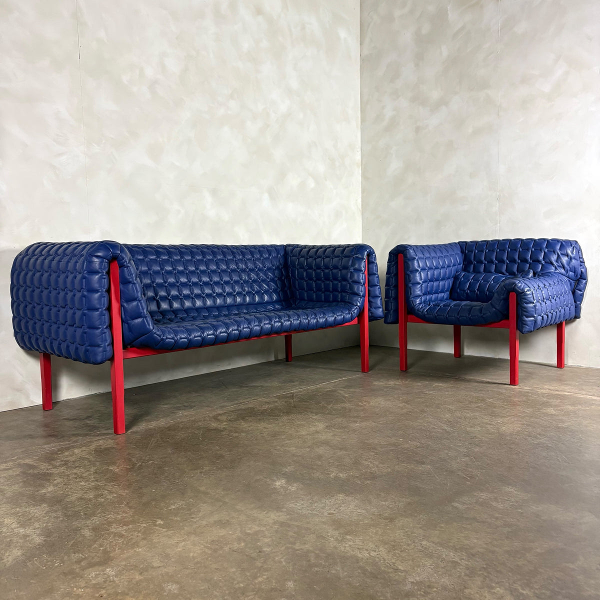 Ligne Roset Ruché Three Seater Sofa & Armchair By Inga Sempé In Blue Leather & Red Frame Vintage Retro