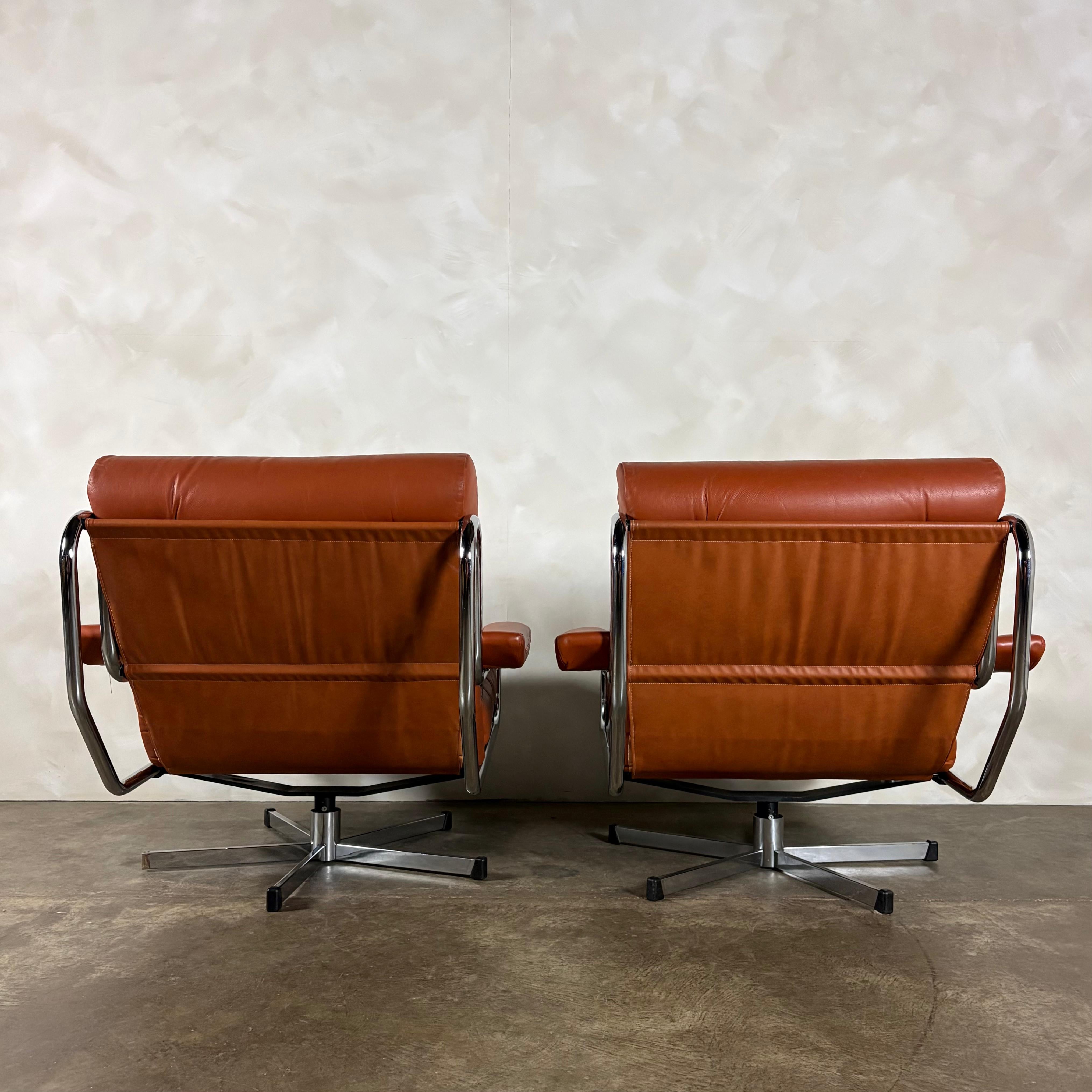 Mid Century Pieff Alpha Tan Brown Leather Three Seater Sofa & Two Swivel Lounge Chairs With Footstool Vintage Retro MCM