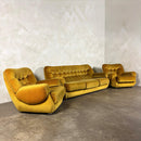 SOLD Mid Century G Plan Georgina Yellow Three Seater Sofa & Matching Pair Of Armchairs Yellow Velvet Vintage Retro MCM