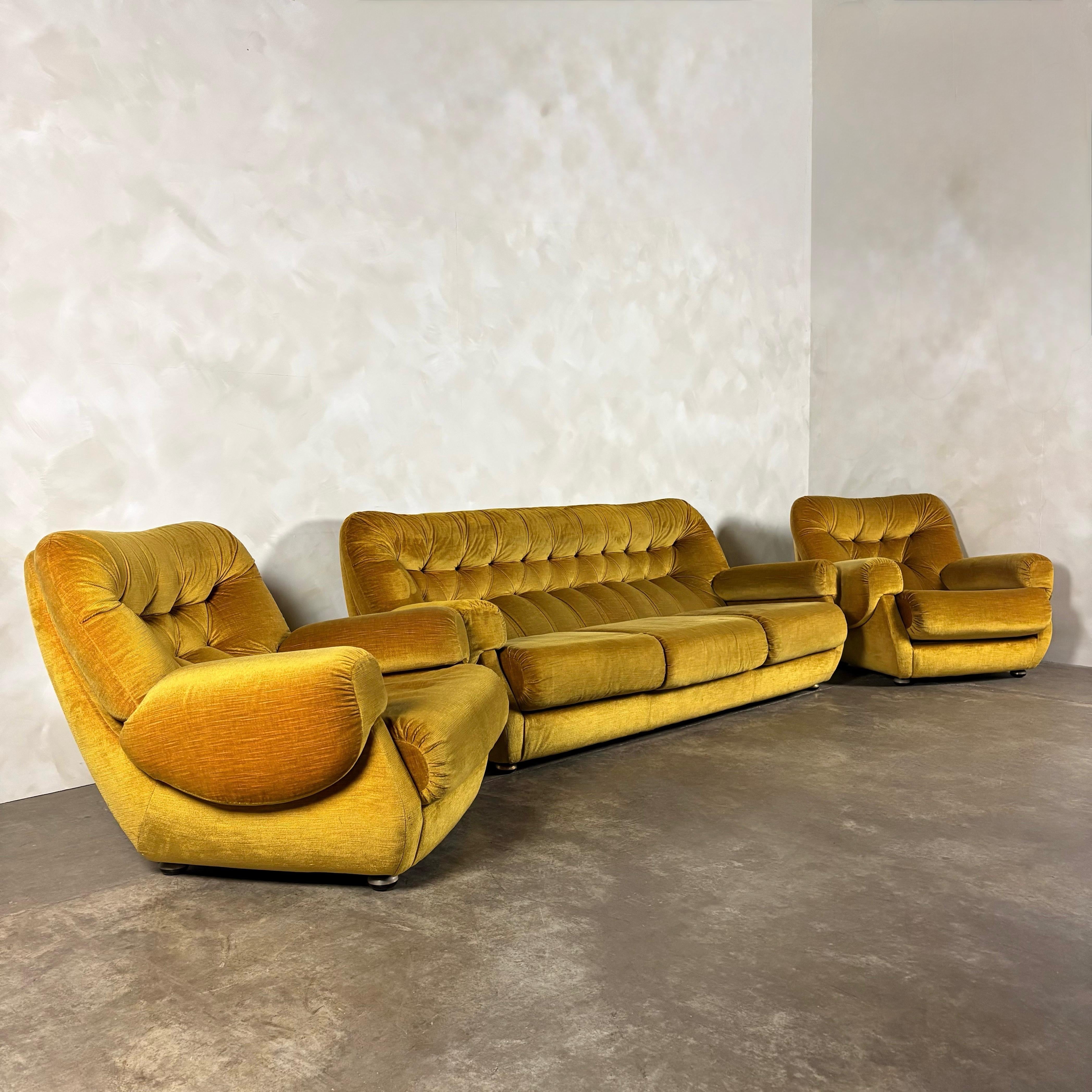 SOLD Mid Century G Plan Georgina Yellow Three Seater Sofa & Matching Pair Of Armchairs Yellow Velvet Vintage Retro MCM