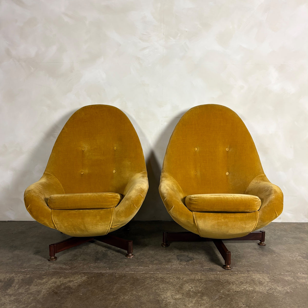 Pair Of Greaves & Thomas Yellow Mustard Egg Swivel Lounge Chairs Mid Century Vintage Retro MCM