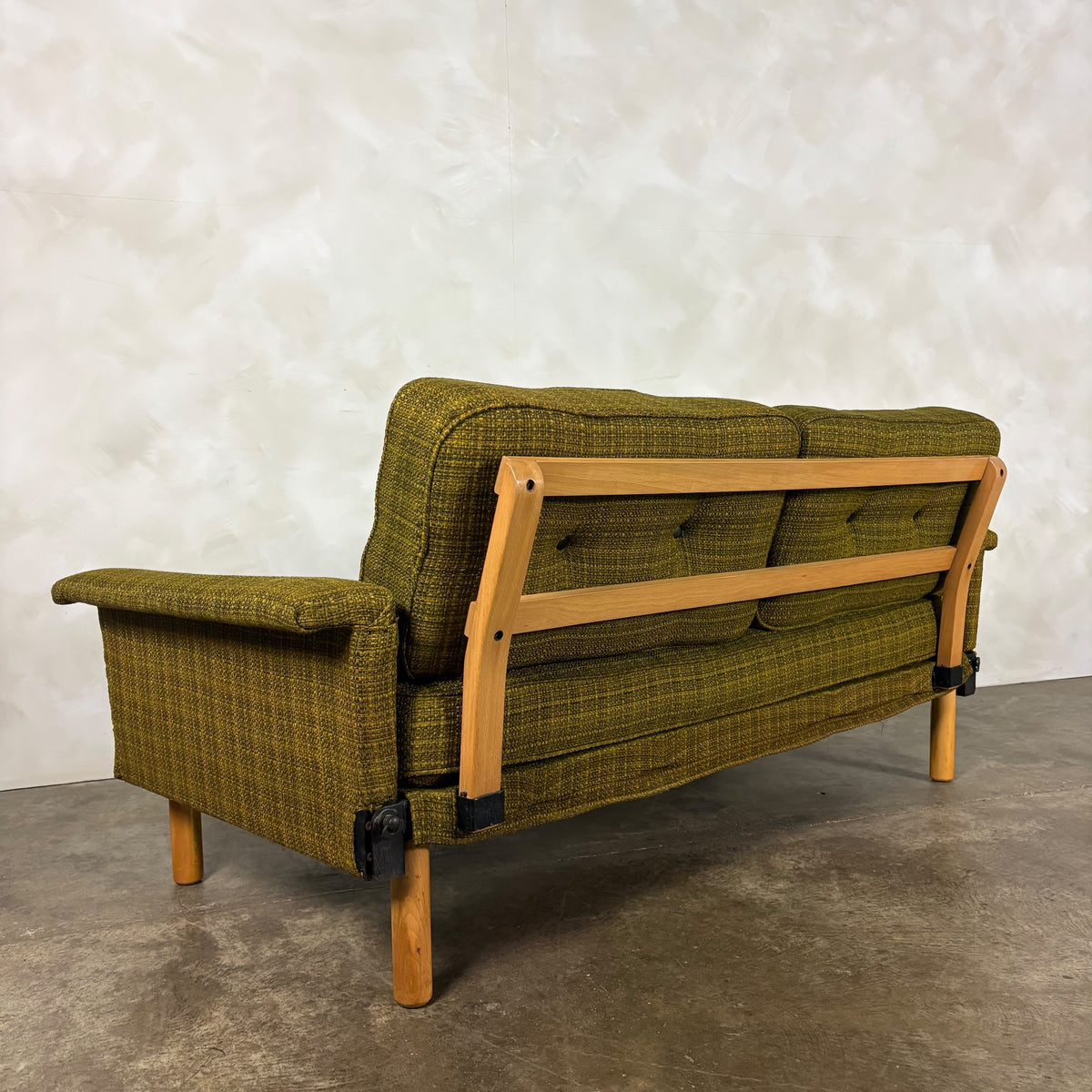 Mid Century Scandinavian Sofa Bed In Olive Green Wool Vintage Retro MCM