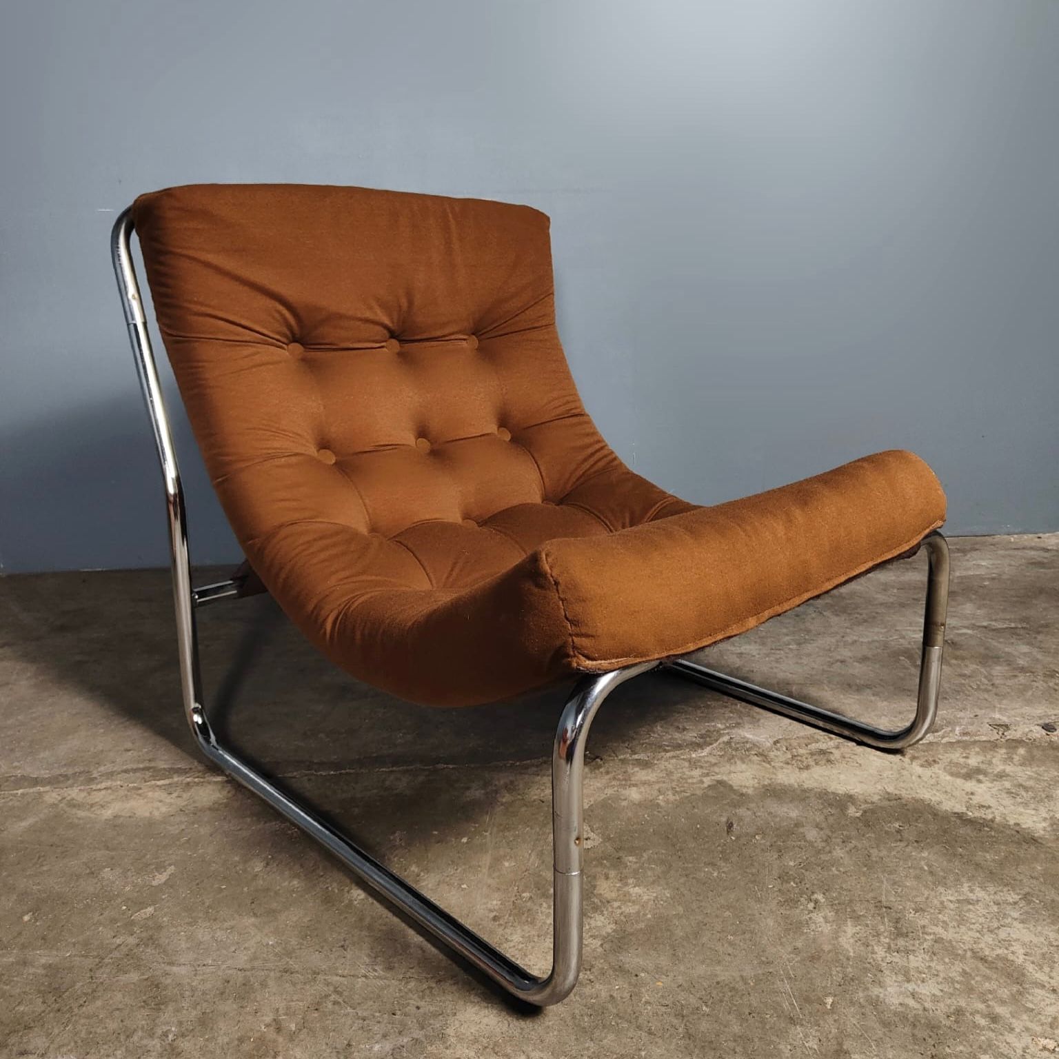 SOLD Brown Fabric Sling Lounge Chair By Peter Hoyte Mid Century Vintage Retro MCM