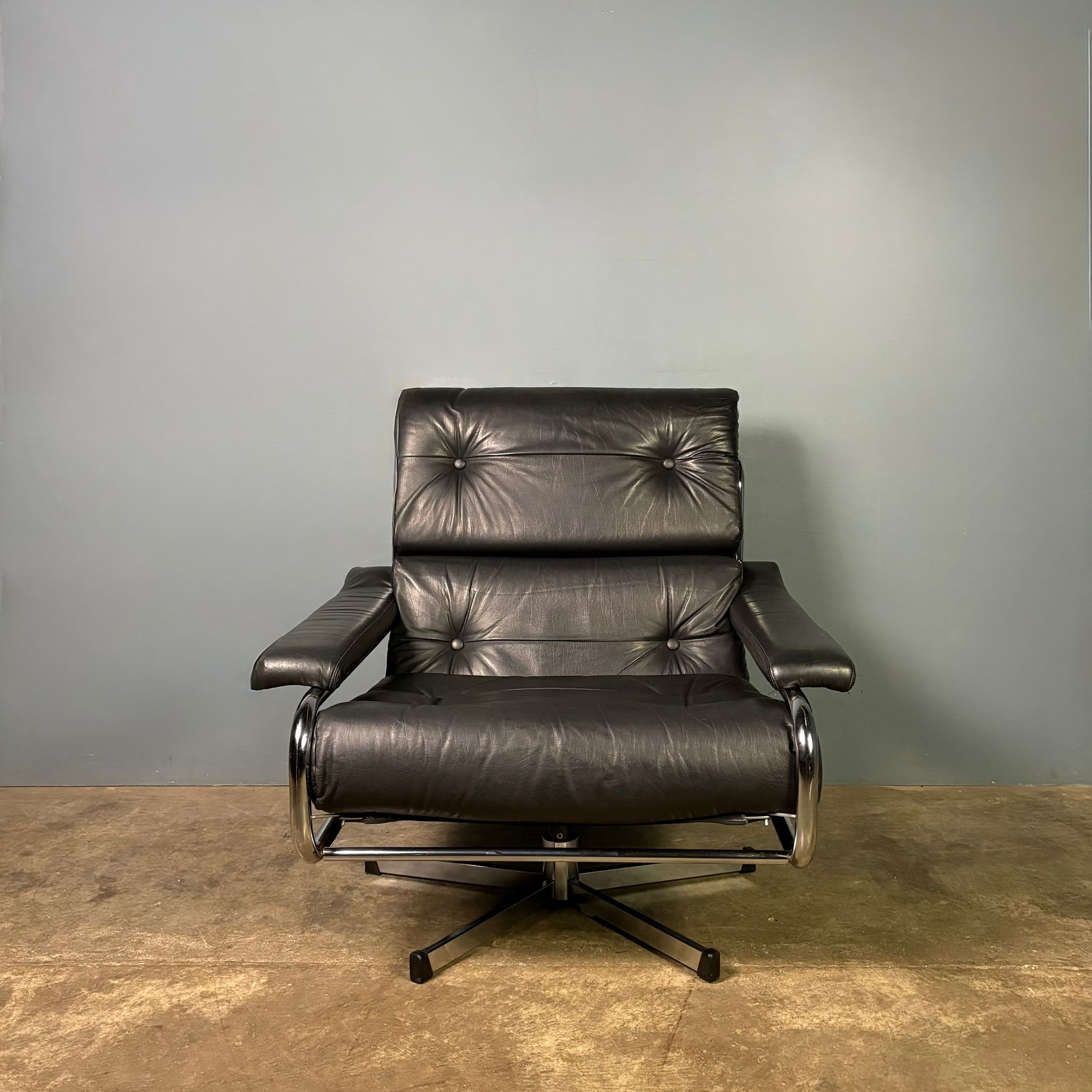 SOLD Mid Century Pieff Alpha Black Leather Swivel Lounge Chair Vintage Retro MCM