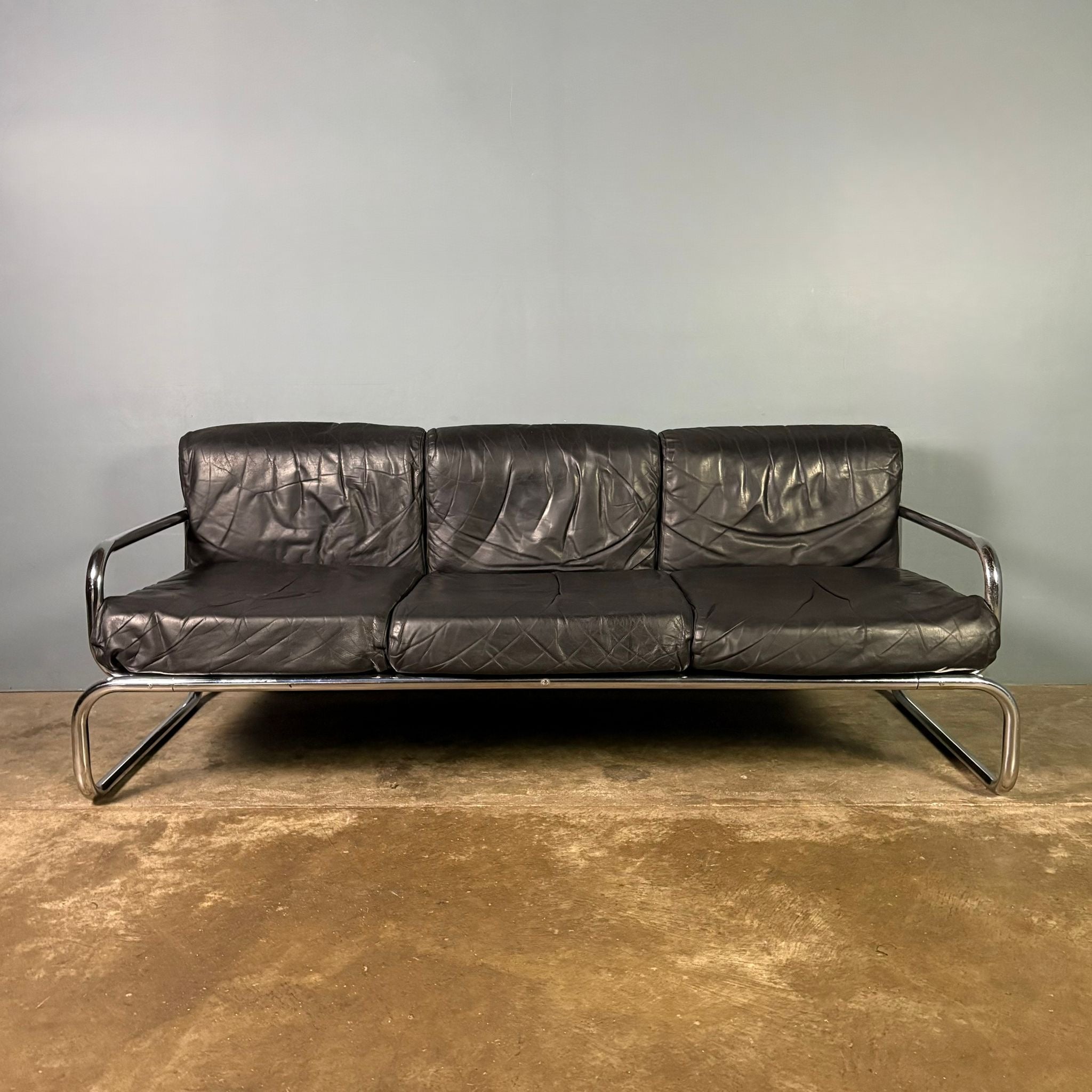 SOLD Mid Century Rodney Kinsman OMK Three Seater Sofa Black Leather Vintage Retro MCM