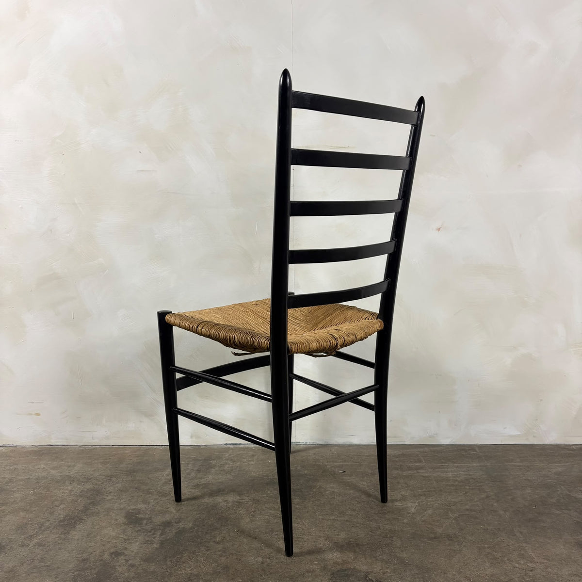 Set Of Four Italian Gio Ponti Style Ebonised Black Ladderback Dining Chairs Mid Century Vintage Retro MCM